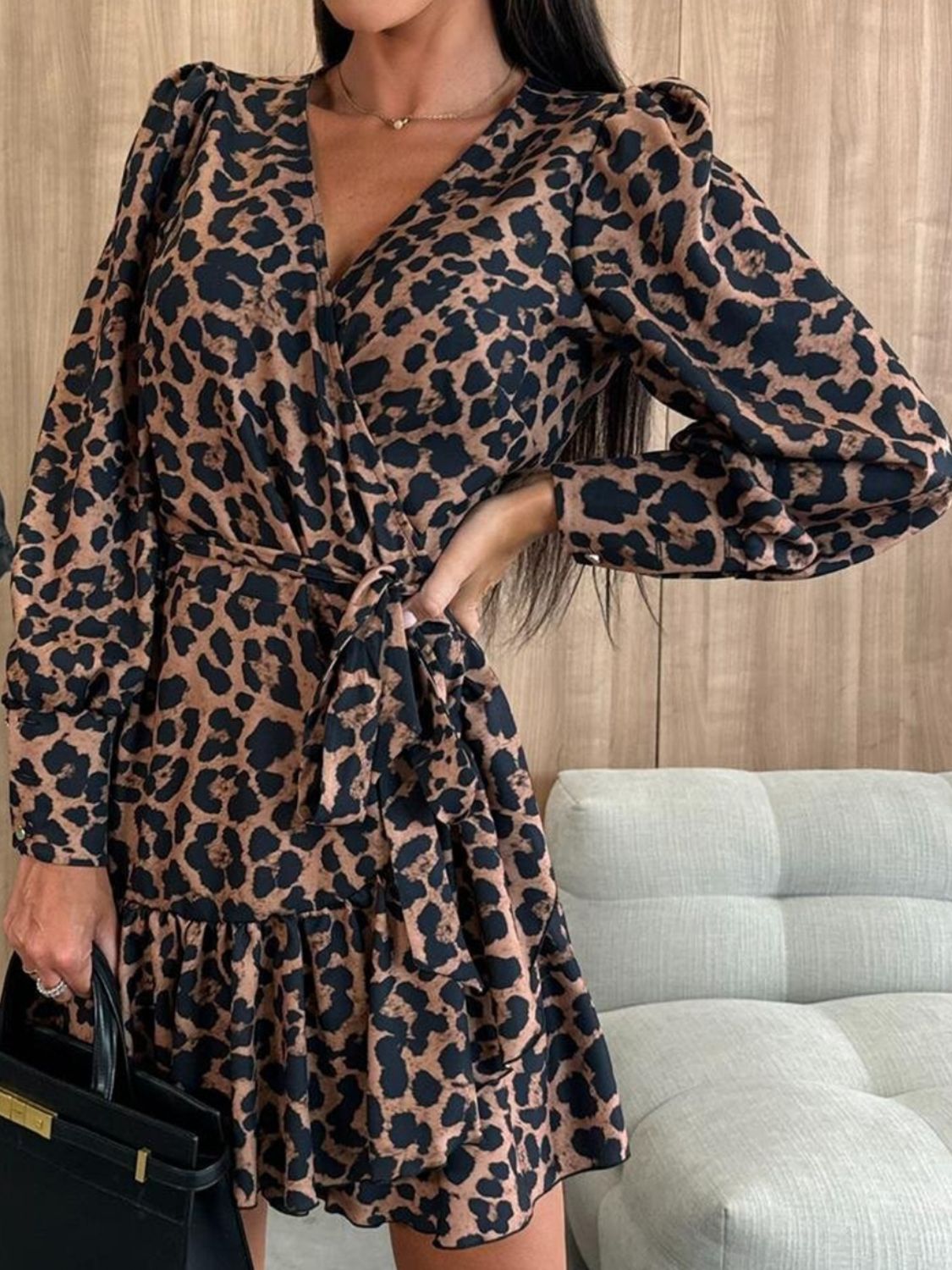 Tied Leopard Surplice Long Sleeve Dress-TOPS / DRESSES-[Adult]-[Female]-2022 Online Blue Zone Planet