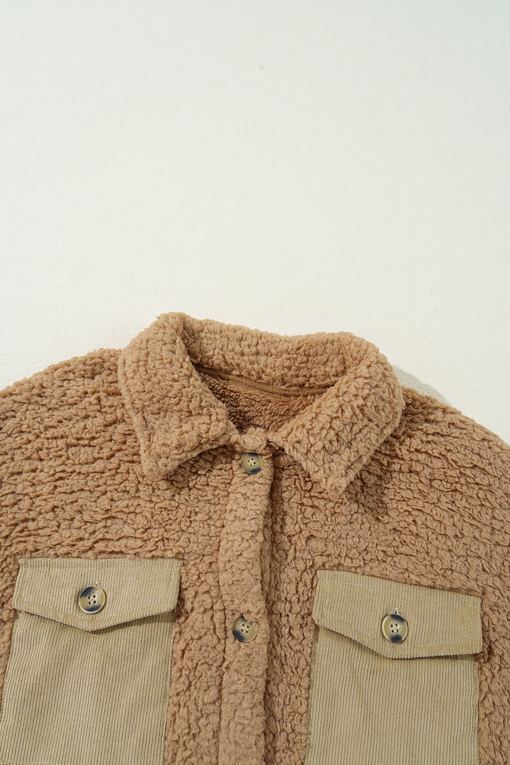 Blue Zone Planet | Khaki Contrast Flap Pocket Single Breasted Teddy Coat-Outerwear/Coats-[Adult]-[Female]-2022 Online Blue Zone Planet