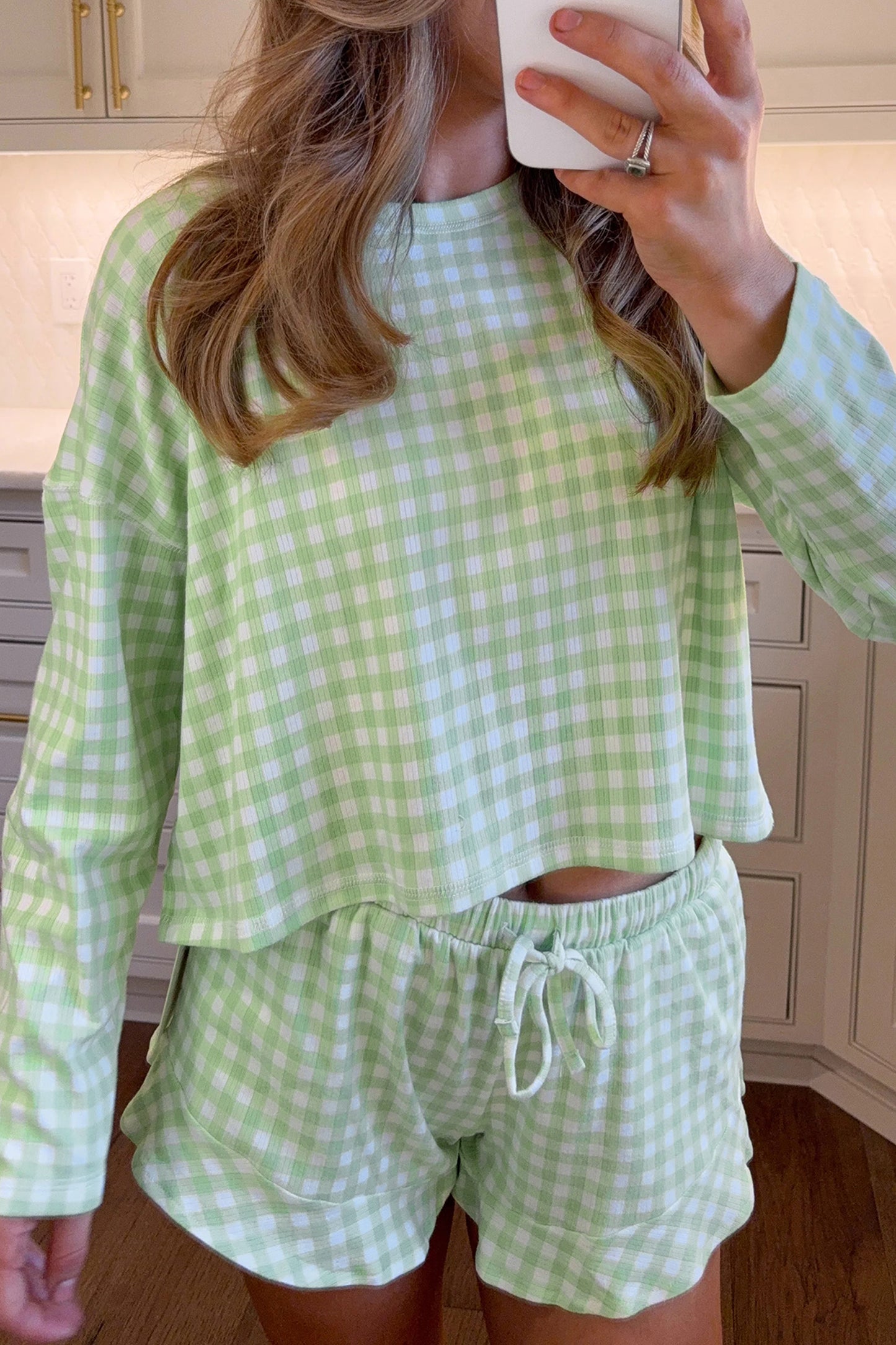 Green Gingham Long Sleeve Loose Top Drawstring Shorts 2pcs Lounge Set-Loungewear & Sleepwear/Loungewear-[Adult]-[Female]-Green-S-2022 Online Blue Zone Planet