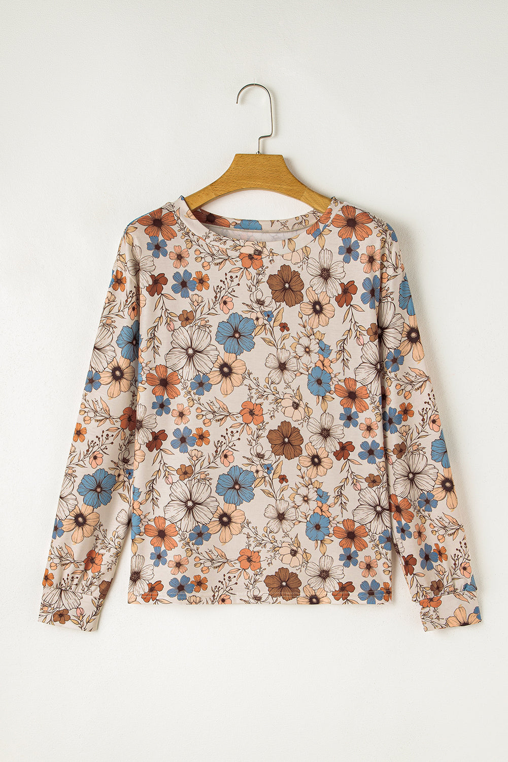 Blue Zone Planet | Khaki Floral Print Loose Crew Neck Long Sleeve T Shirt-Tops/Long Sleeve Tops-[Adult]-[Female]-2022 Online Blue Zone Planet