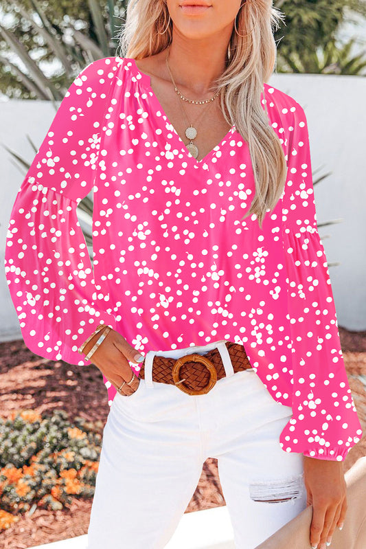 Rose Floral Print V Neck Long Puff Sleeve Top-Tops/Blouses & Shirts-[Adult]-[Female]-Rose-S-2022 Online Blue Zone Planet
