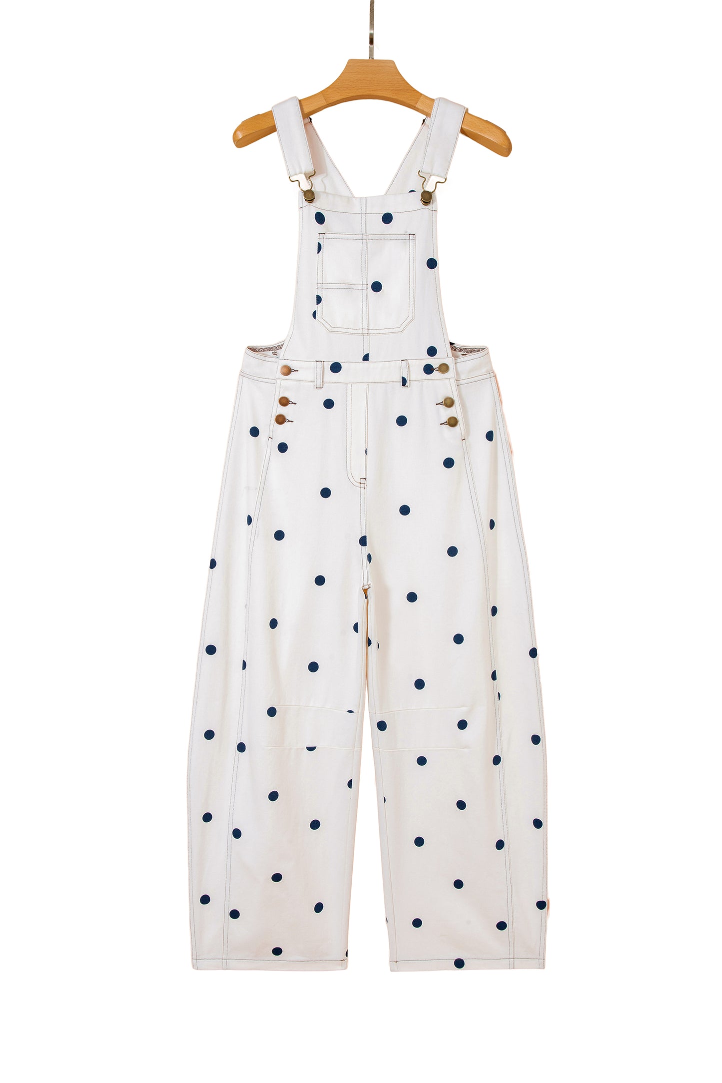 Jet Stream Polka Dot Print Bib Pocket Denim Barrel Overalls Jumpsuit-Bottoms/Jumpsuits & Rompers-[Adult]-[Female]-2022 Online Blue Zone Planet