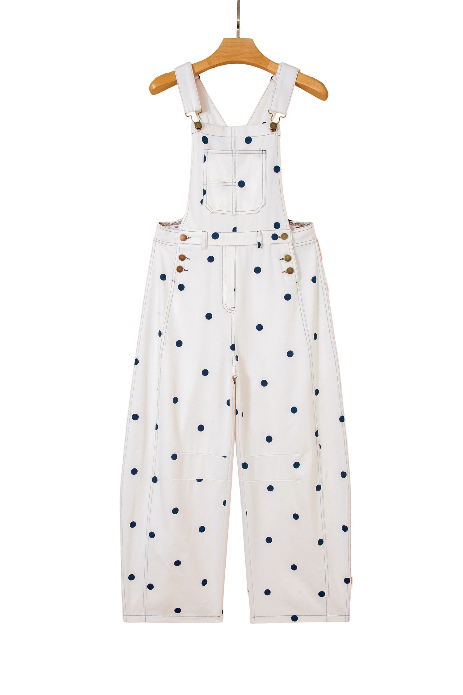 Jet Stream Polka Dot Print Bib Pocket Denim Barrel Overalls Jumpsuit-Bottoms/Jumpsuits & Rompers-[Adult]-[Female]-2022 Online Blue Zone Planet