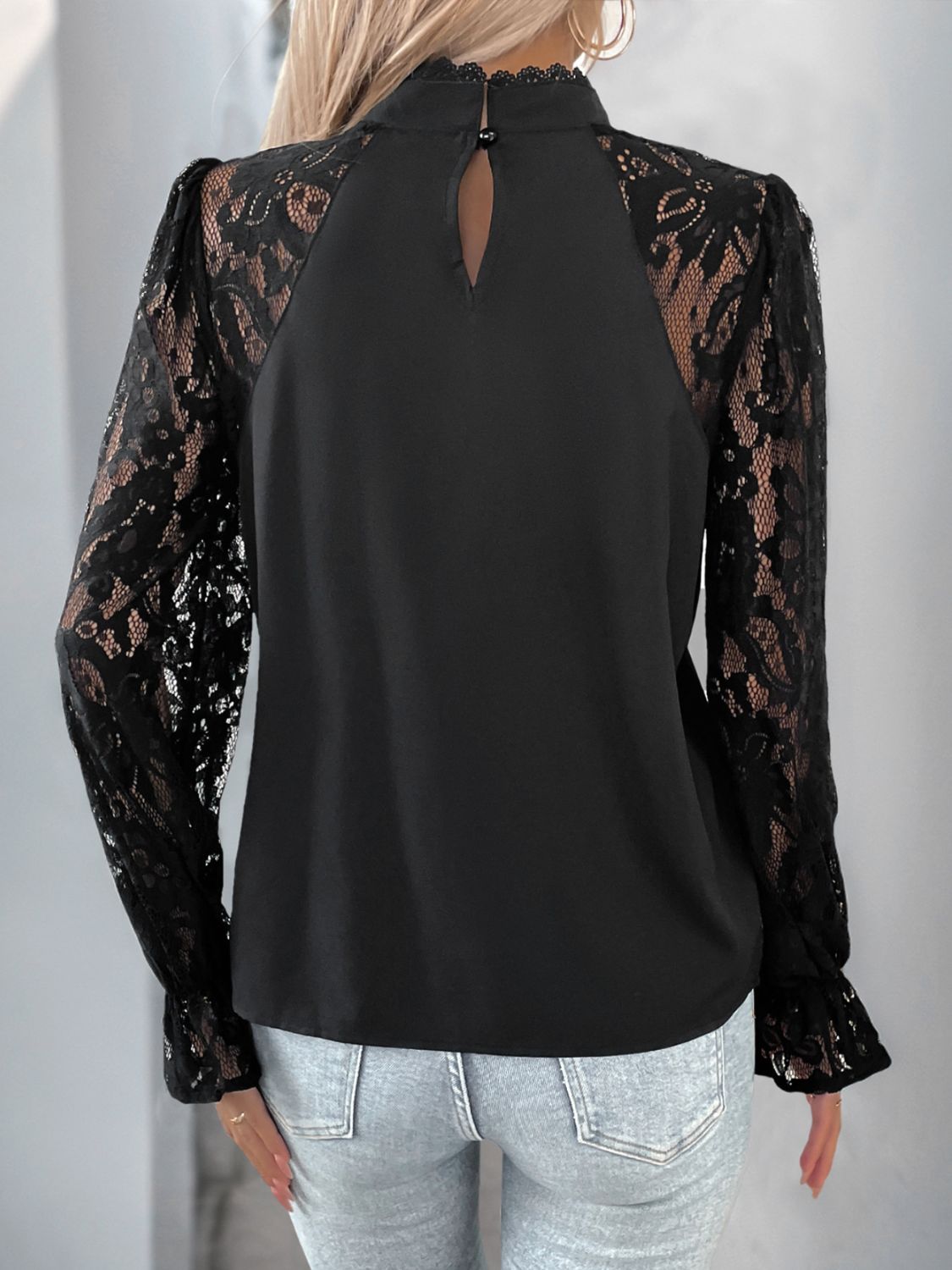 Perfee Mock Neck Lace Long Sleeve Blouse-TOPS / DRESSES-[Adult]-[Female]-2022 Online Blue Zone Planet