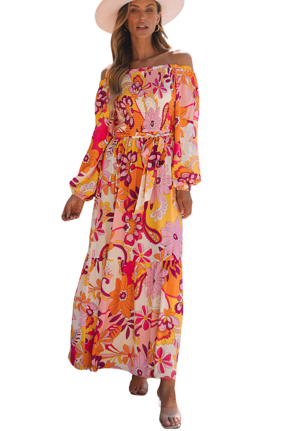 Blue Zone Planet | Multicolour Boho Floral Smocked Off Shoulder Puff Sleeve Maxi Dress-TOPS / DRESSES-[Adult]-[Female]-2022 Online Blue Zone Planet