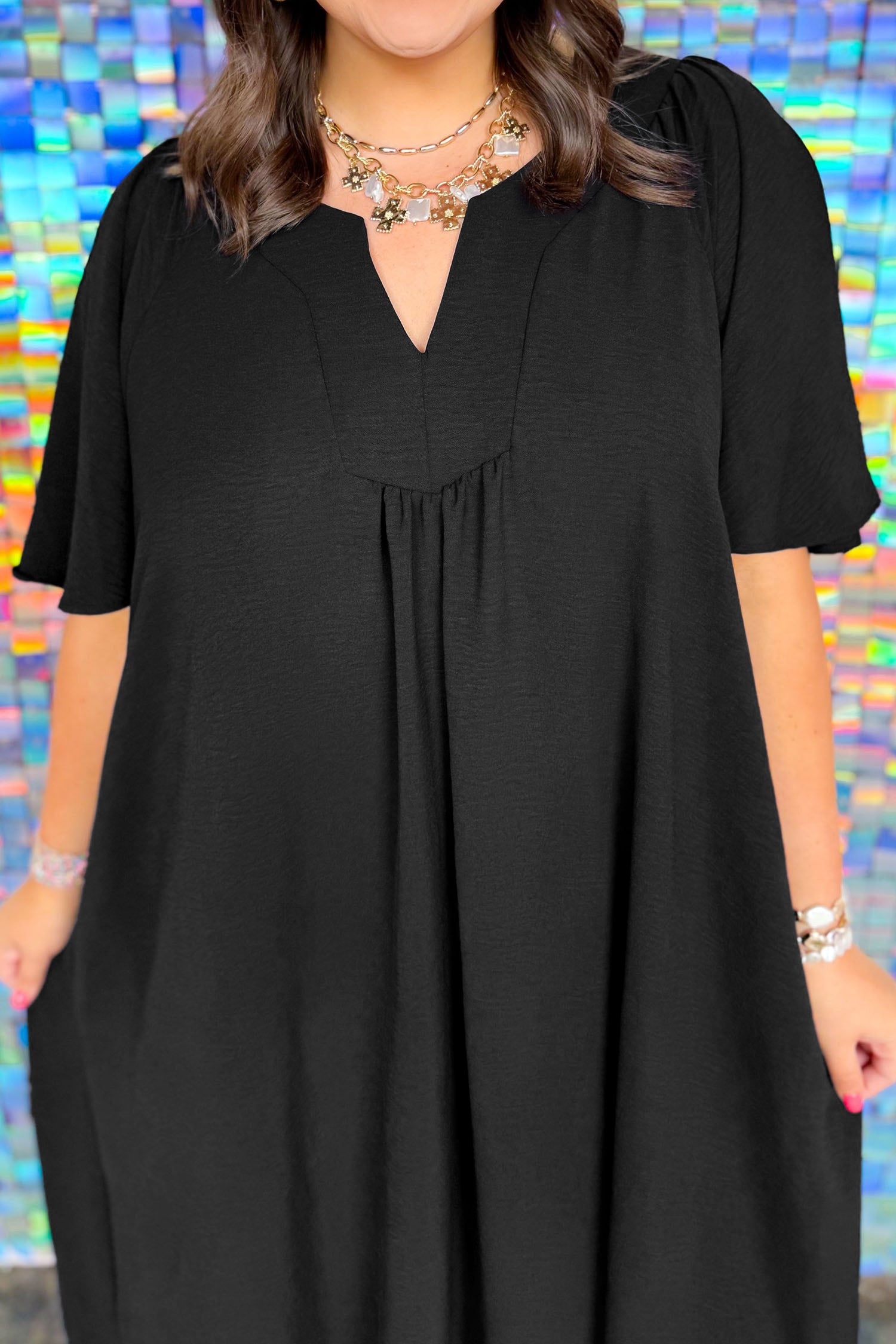 Black Plus Size Solid Color Notched Neck Short Sleeve Loose Dress-TOPS / DRESSES-[Adult]-[Female]-2022 Online Blue Zone Planet