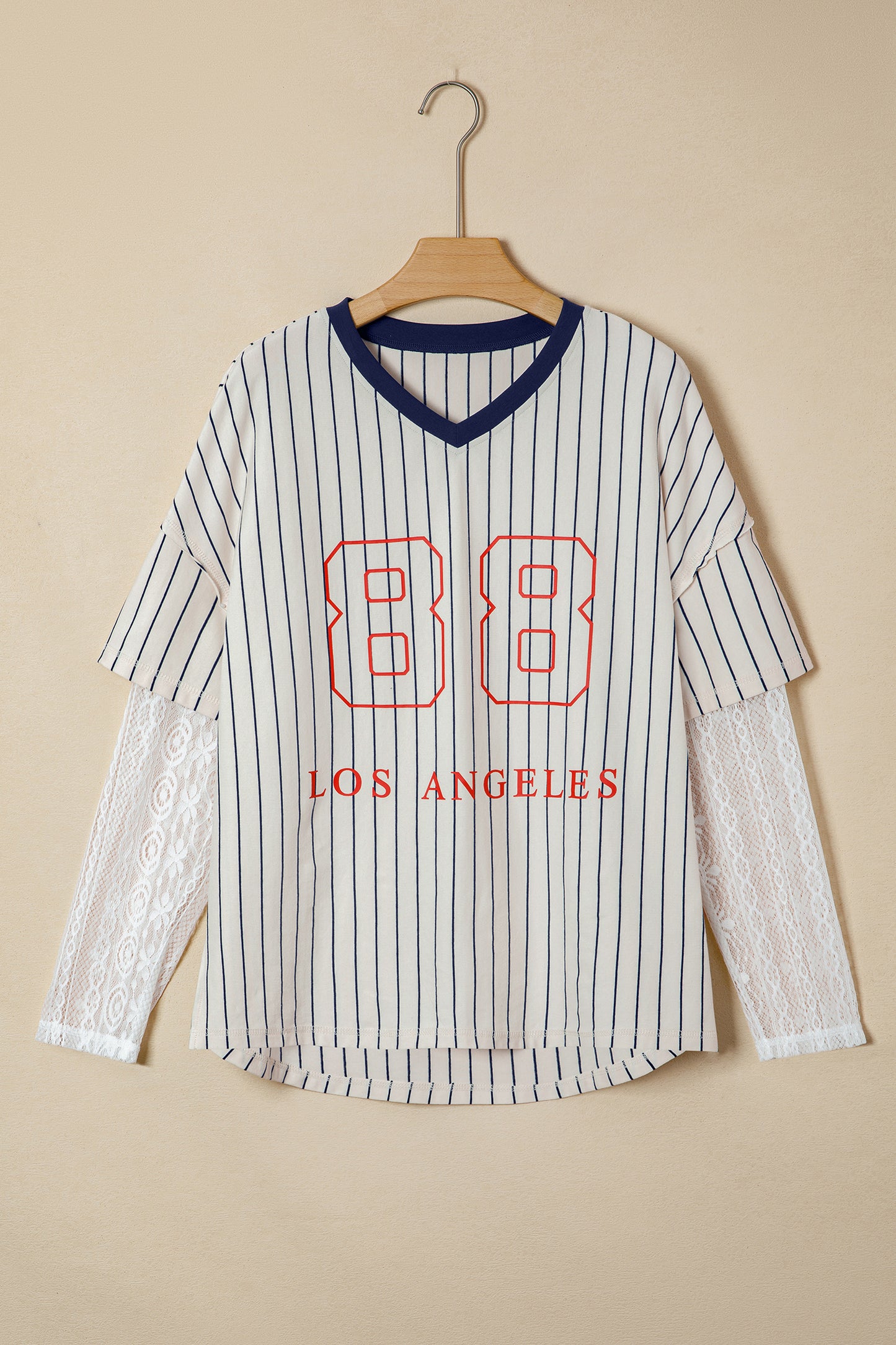 Blue Stripe 88 Los Angel Graphic Lace Patchwork Faux Two Piece V Neck Top-Tops/Long Sleeve Tops-[Adult]-[Female]-2022 Online Blue Zone Planet
