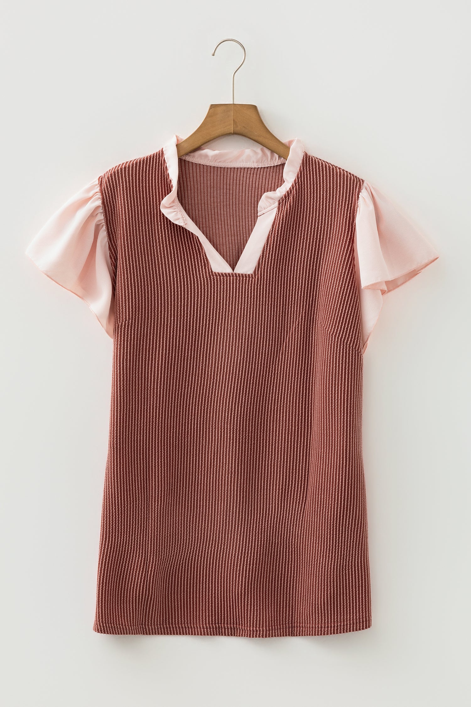 Rose Pink Plus Size Contrast Frilled Neckline Ruffled Short Sleeve Ribbed Textured Blouse-Plus Size/Plus Size Tops/Plus Size Blouses & Shirts-[Adult]-[Female]-2022 Online Blue Zone Planet