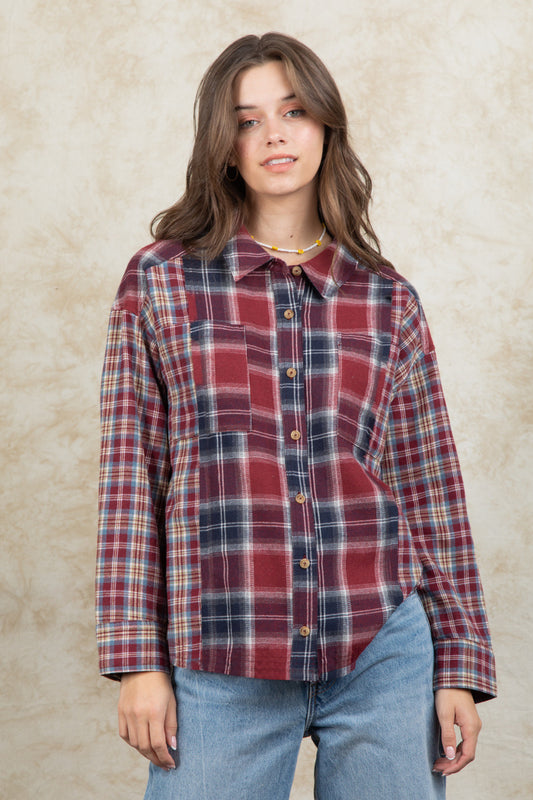 Plaid Collared Neck Button Up Long Sleeve Shirt-TOPS / DRESSES-[Adult]-[Female]-Rust-S-2022 Online Blue Zone Planet