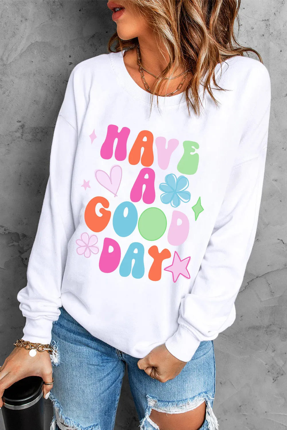 HAVE A GOOD DAY Long Sleeve Sweatshirt-TOPS / DRESSES-[Adult]-[Female]-White-S-2022 Online Blue Zone Planet