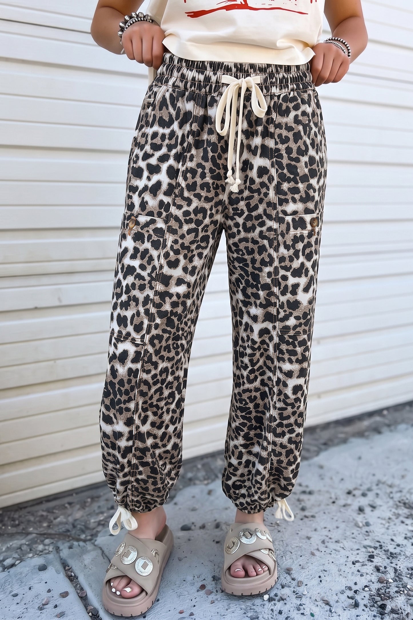 Black Leopard Print Drawstring Jogger Jeans