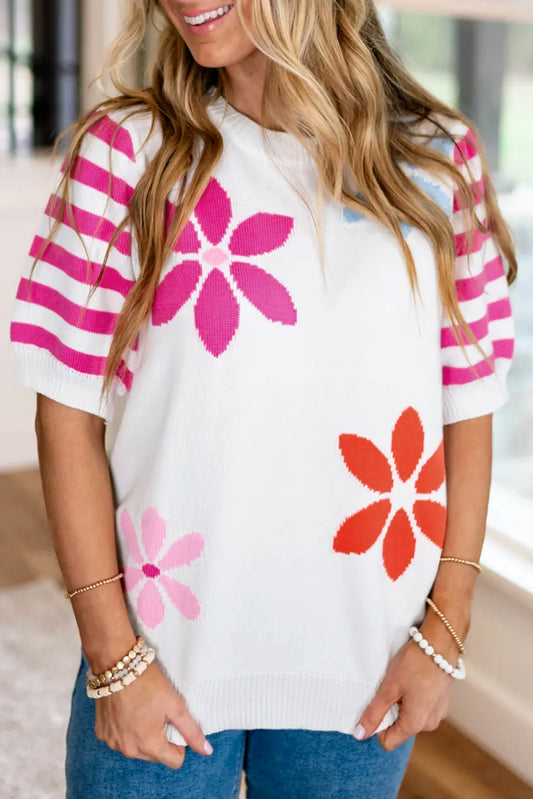 White Floral Pattern Striped Sleeve Sweater T Shirt-Sale (50% OFF)/20% OFF-[Adult]-[Female]-White-S-2022 Online Blue Zone Planet