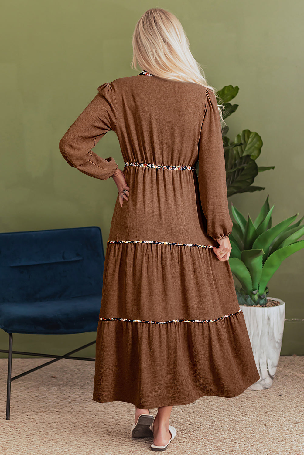 Chestnut Floral Patchwork Detail Notched Neck Long Sleeve Maxi Dress-TOPS / DRESSES-[Adult]-[Female]-2022 Online Blue Zone Planet