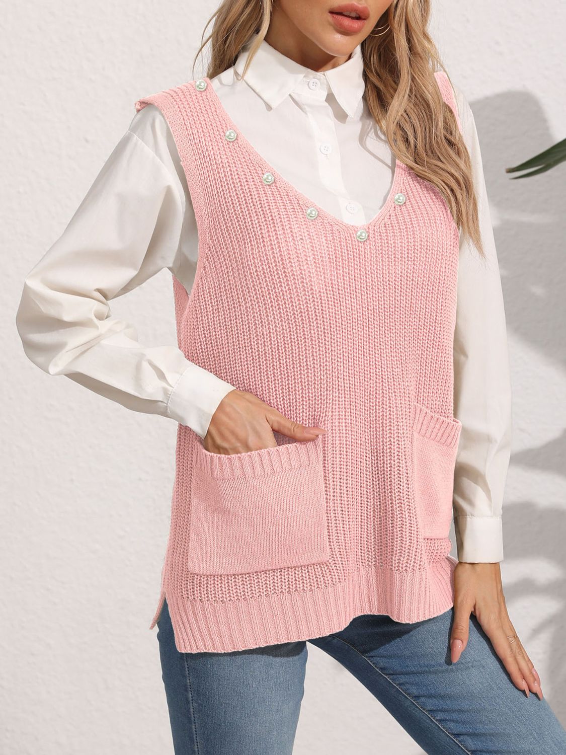 Slit V-Neck Sweater Vest-TOPS / DRESSES-[Adult]-[Female]-Dusty Pink-One Size-2022 Online Blue Zone Planet