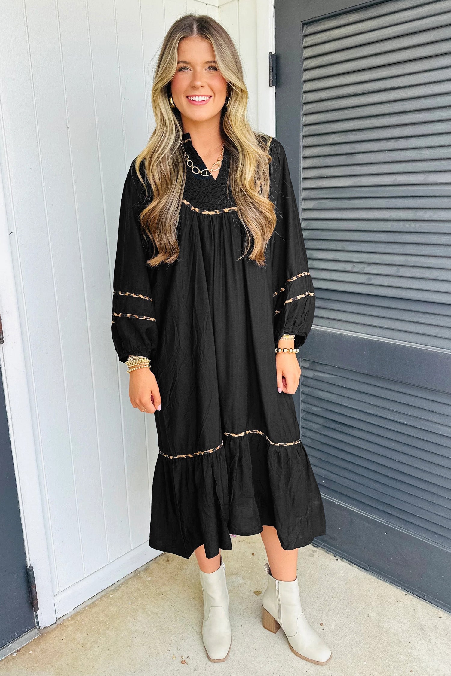 Black Contrast Leopard Trim Split Neck Long Sleeve Casual Midi Dress-TOPS / DRESSES-[Adult]-[Female]-2022 Online Blue Zone Planet