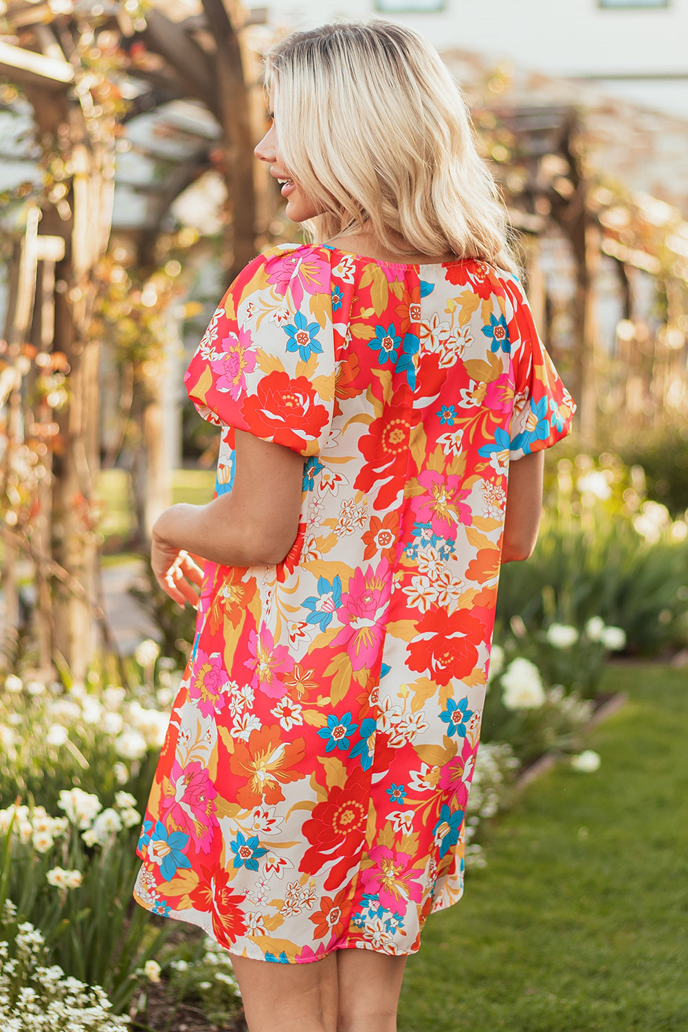 Pink Floral Print Bubble Short Sleeve Dress-TOPS / DRESSES-[Adult]-[Female]-2022 Online Blue Zone Planet
