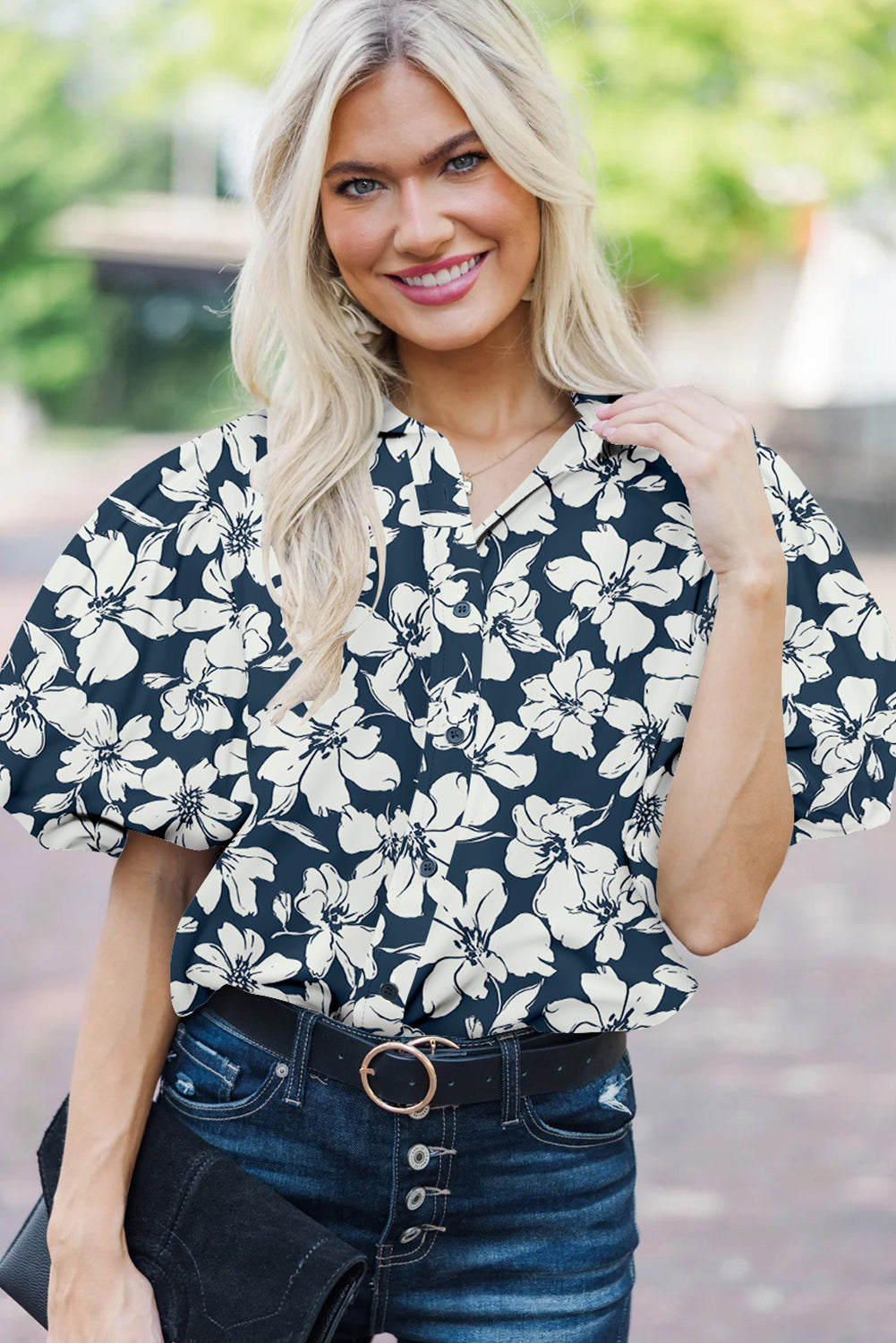 Blue Floral Short Puff Sleeve Summer Shirt-Tops/Blouses & Shirts-[Adult]-[Female]-2022 Online Blue Zone Planet