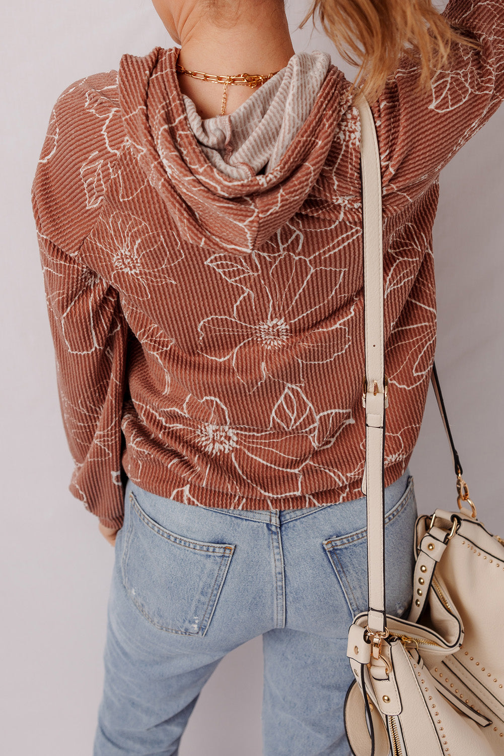 Brown Floral Twisted Rib Drawstring Kangaroo Pocket Hoodie-Tops / Dresses-[Adult]-[Female]-2022 Online Blue Zone Planet