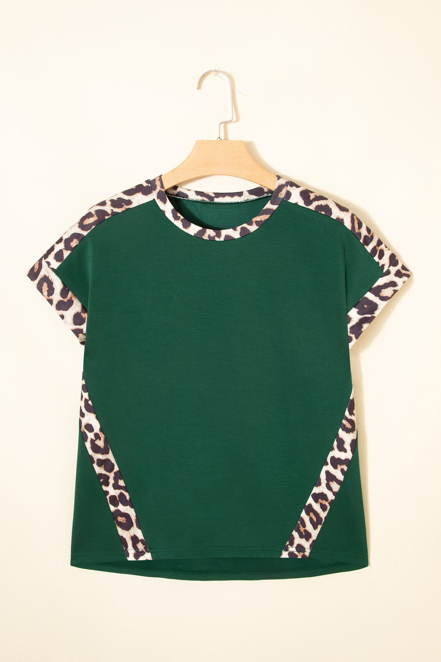 Sea Green Leopard Trim Round Neck Loose T Shirt-Tops/Tops & Tees-[Adult]-[Female]-2022 Online Blue Zone Planet
