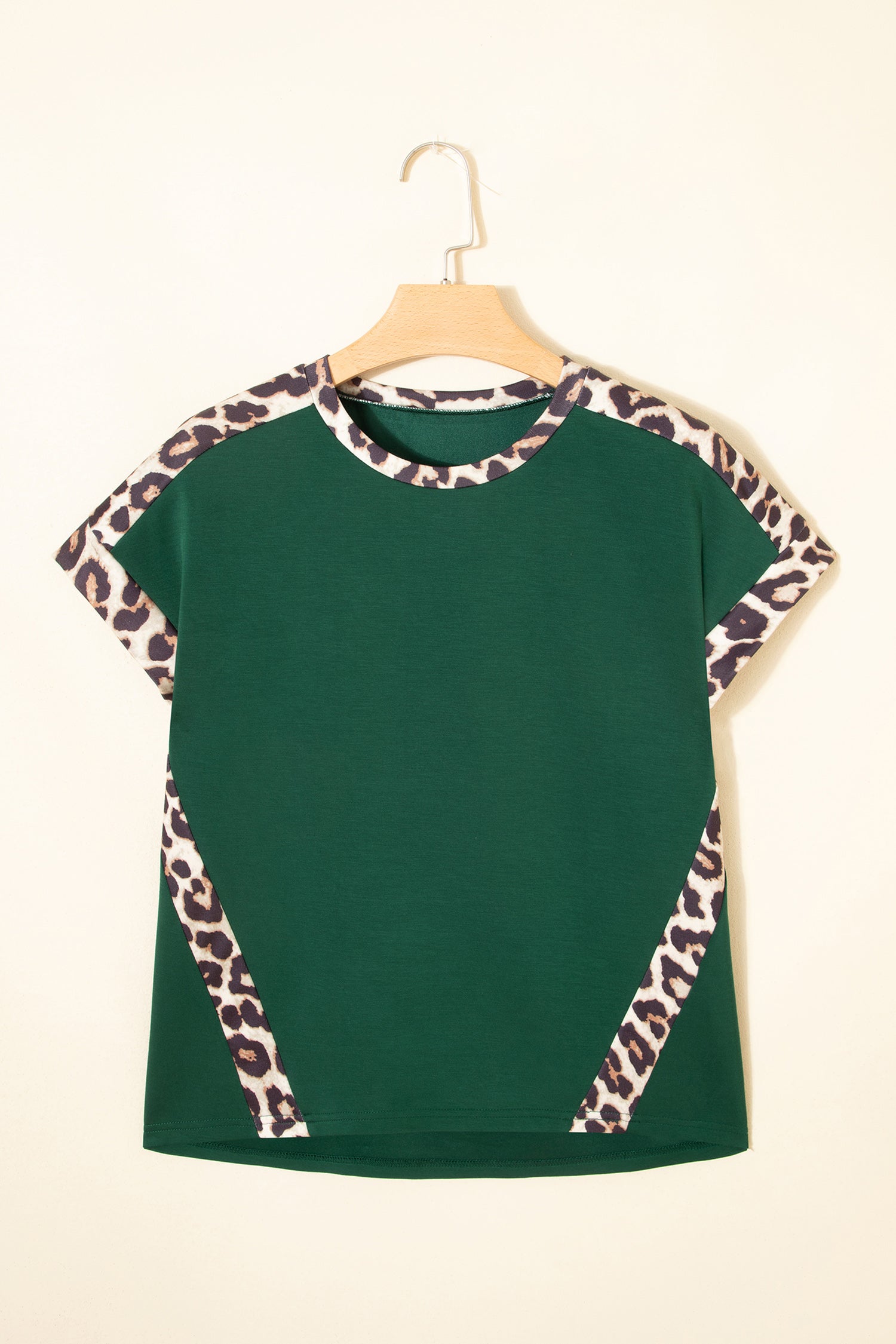 Sea Green Leopard Trim Round Neck Loose T Shirt-Tops/Tops & Tees-[Adult]-[Female]-2022 Online Blue Zone Planet