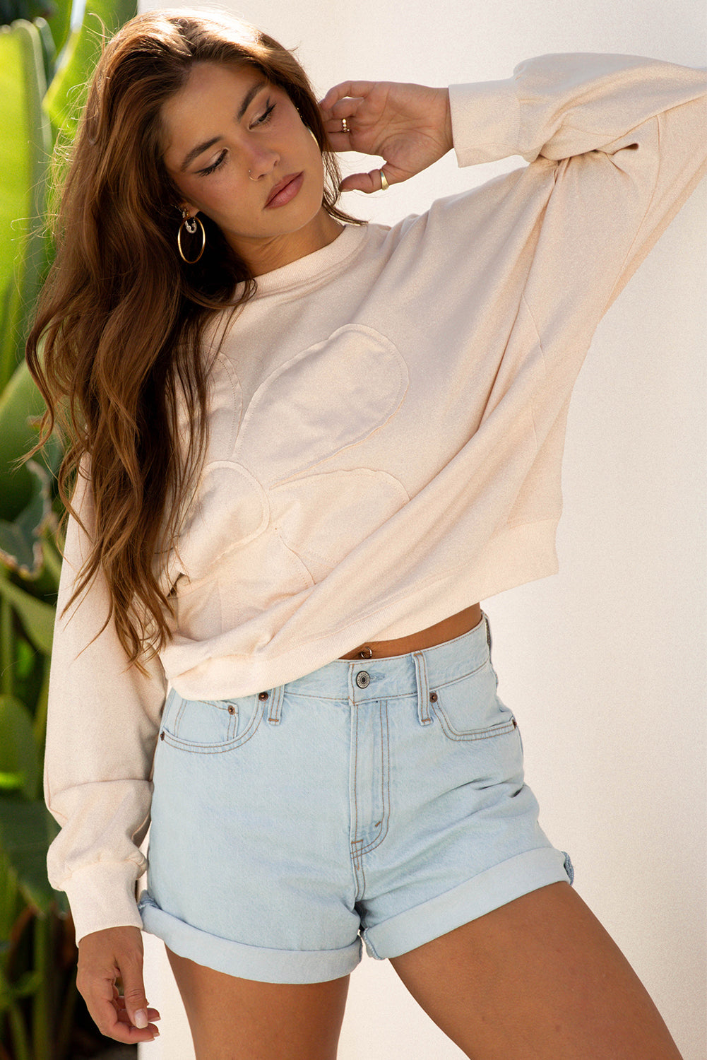 Smoke Green Raw Edge Flower Patch Drop Shoulder Casual Top-Tops/Long Sleeve Tops-[Adult]-[Female]-2022 Online Blue Zone Planet