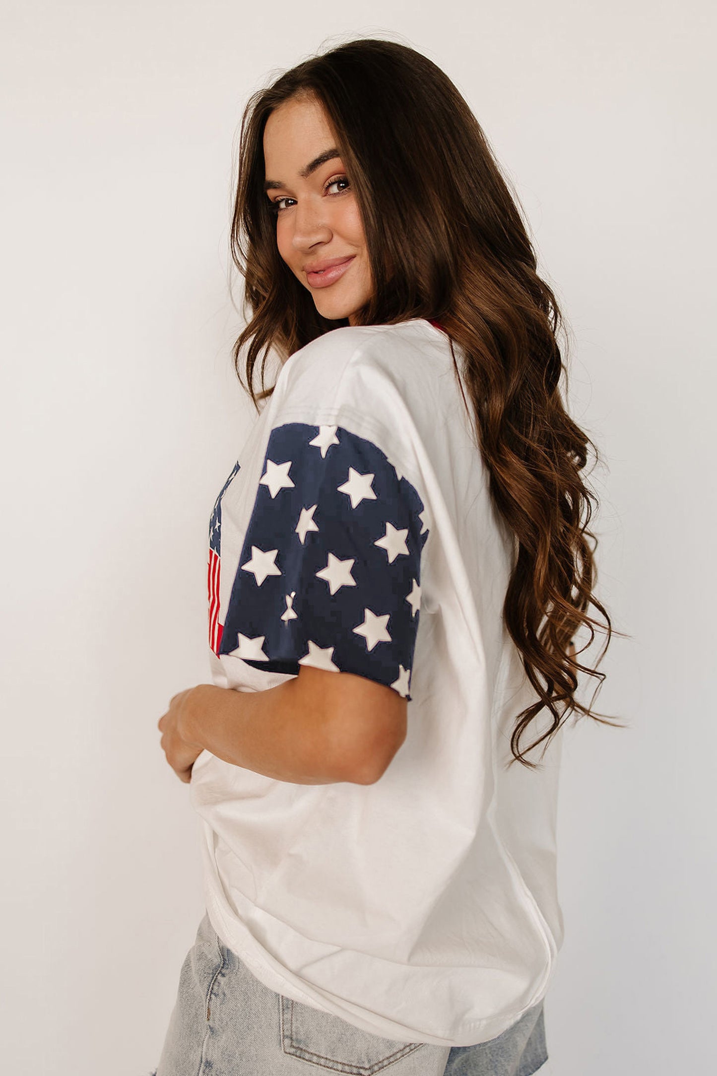 Jet Stream Flag Print Usa Graphic Patchwork Casual Tee-Tops/Tops & Tees-[Adult]-[Female]-2022 Online Blue Zone Planet