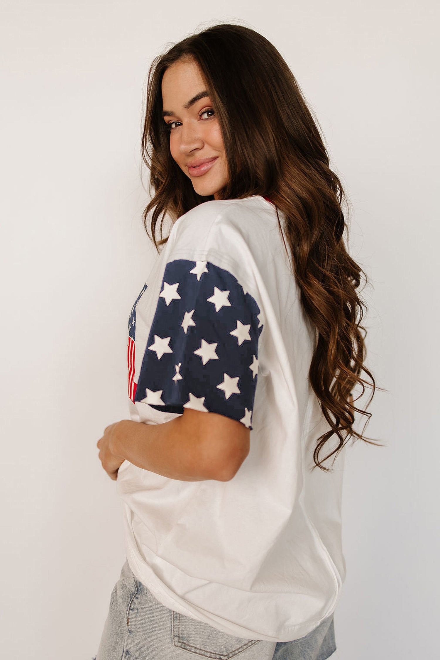 Jet Stream Flag Print Usa Graphic Patchwork Casual Tee-Tops/Tops & Tees-[Adult]-[Female]-2022 Online Blue Zone Planet