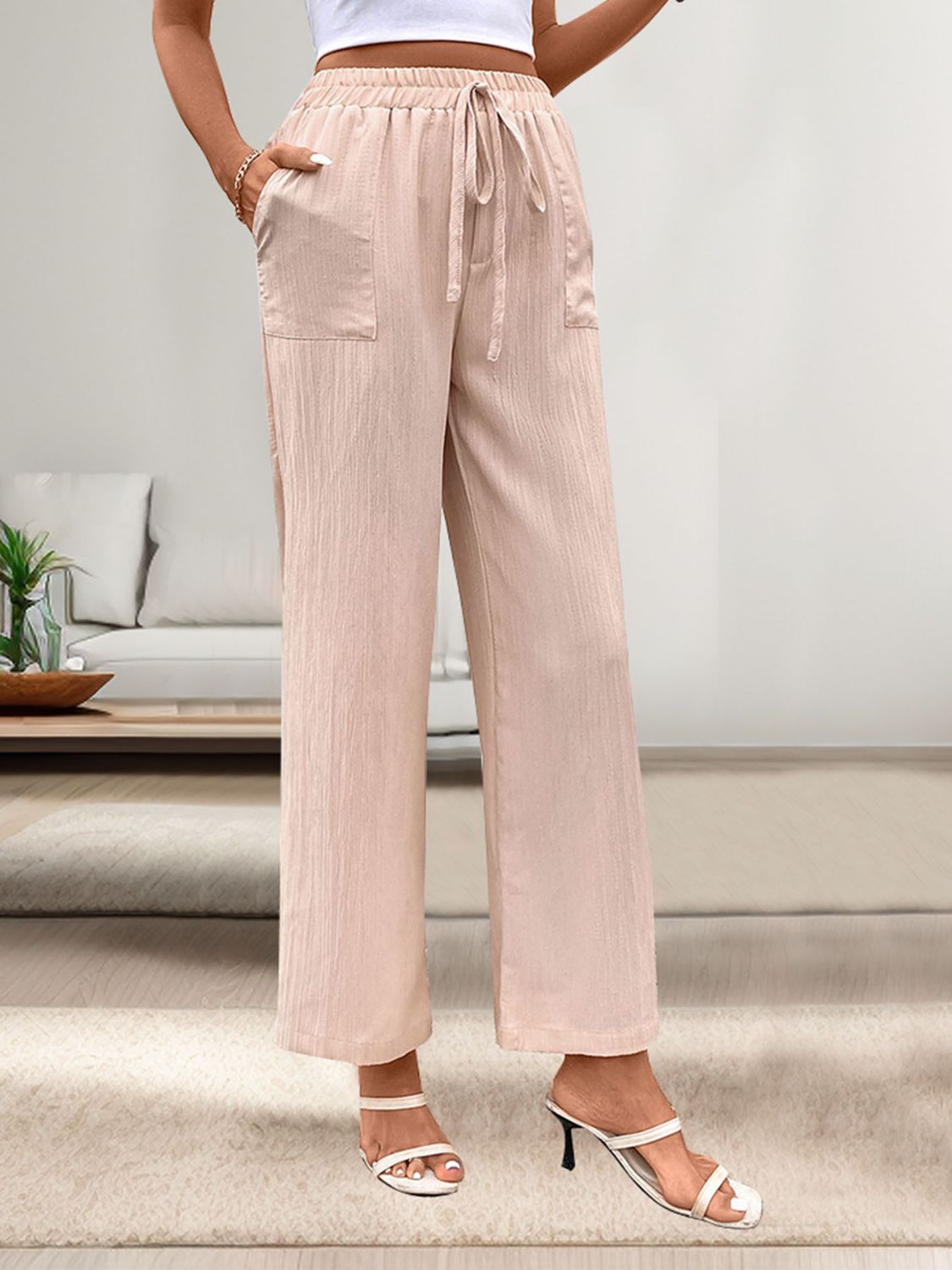 Blue Zone Planet | Perfee Tied Wide Leg Pants with Pockets-BOTTOMS SIZES SMALL MEDIUM LARGE-[Adult]-[Female]-2022 Online Blue Zone Planet
