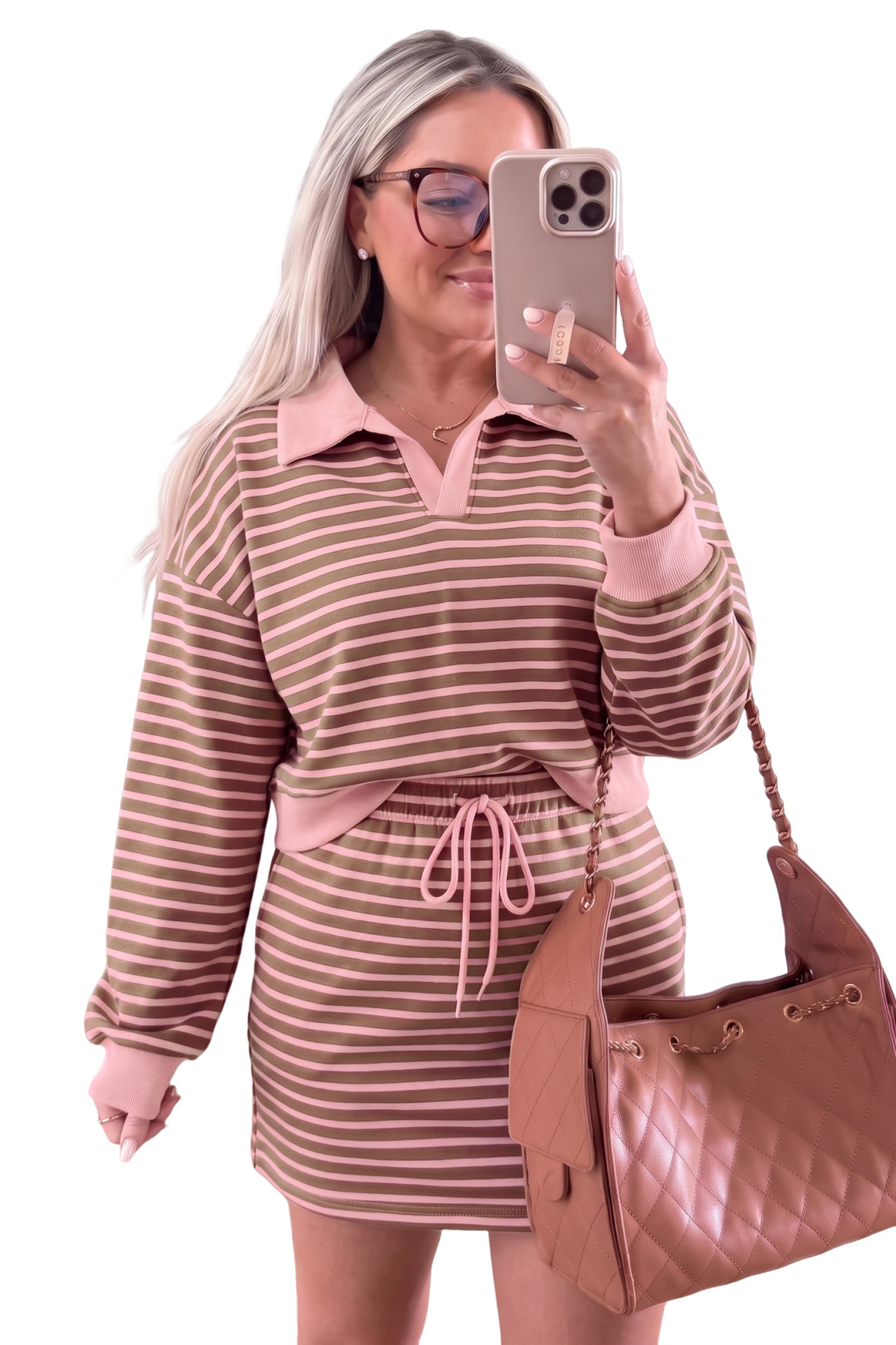 Brown Stripe Striped Drawstring Waist Long Sleeve Top Mini Skort Set-Two Piece Sets/Two Piece Dresses-[Adult]-[Female]-2022 Online Blue Zone Planet