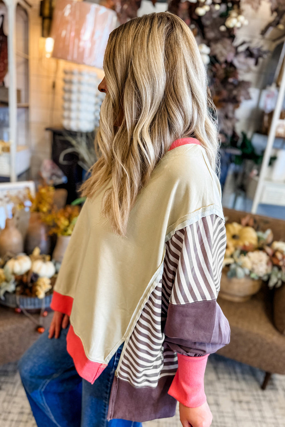 White Color Block Striped Patchwork Dolman Slit Sweatshirt-Tops/Sweatshirts & Hoodies-[Adult]-[Female]-2022 Online Blue Zone Planet