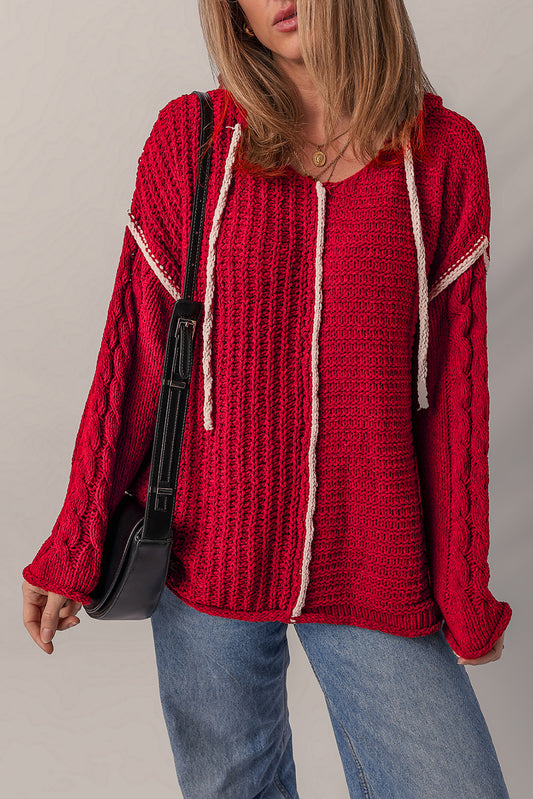 Racing Red Color Contrast Trim Textured Knit Drawstring Hooded Sweater-TOPS / DRESSES-[Adult]-[Female]-Racing Red-S-2022 Online Blue Zone Planet