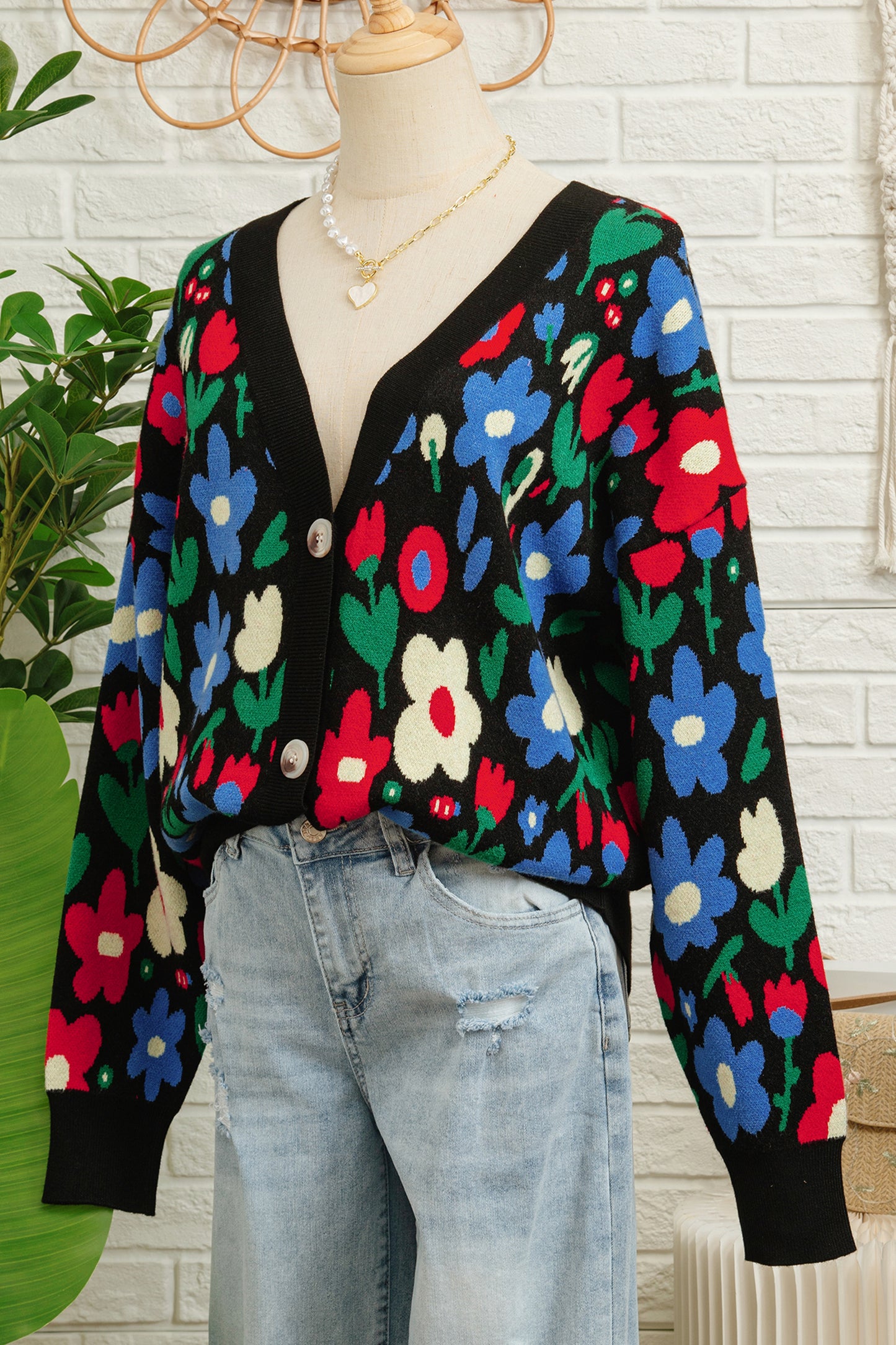 Black Floral Print V Neck Buttoned Short Cardigan Sweater-TOPS / DRESSES-[Adult]-[Female]-2022 Online Blue Zone Planet
