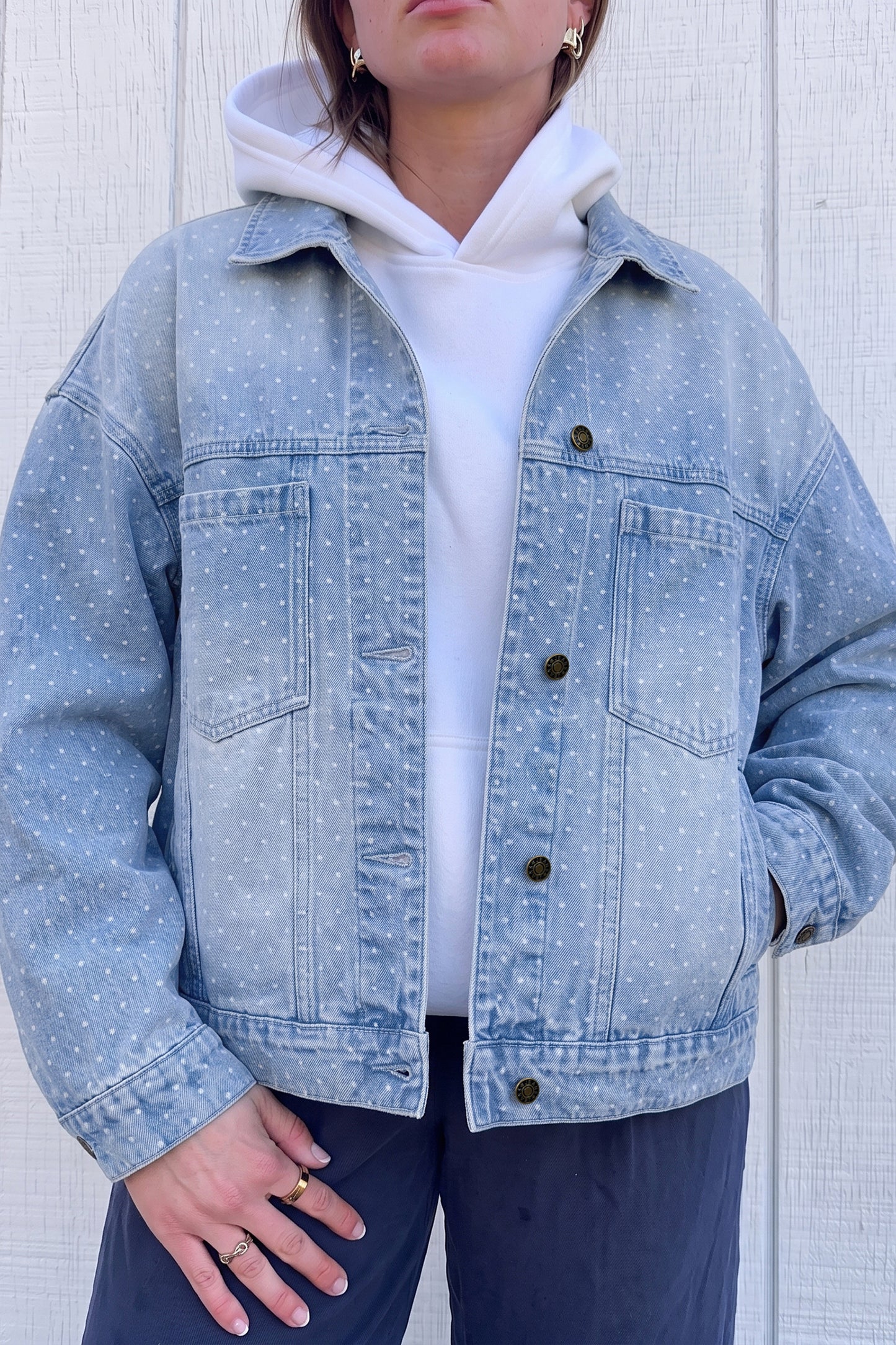 Sky Blue Polka Dot Long Sleeve Collar Pocket Casual Shift Silhouette Denim Jacket