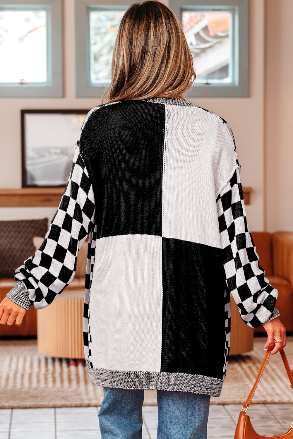 Black Checkered Open Front Drop Shoulder Cardigan-Sweaters & Cardigans/Cardigans-[Adult]-[Female]-2022 Online Blue Zone Planet