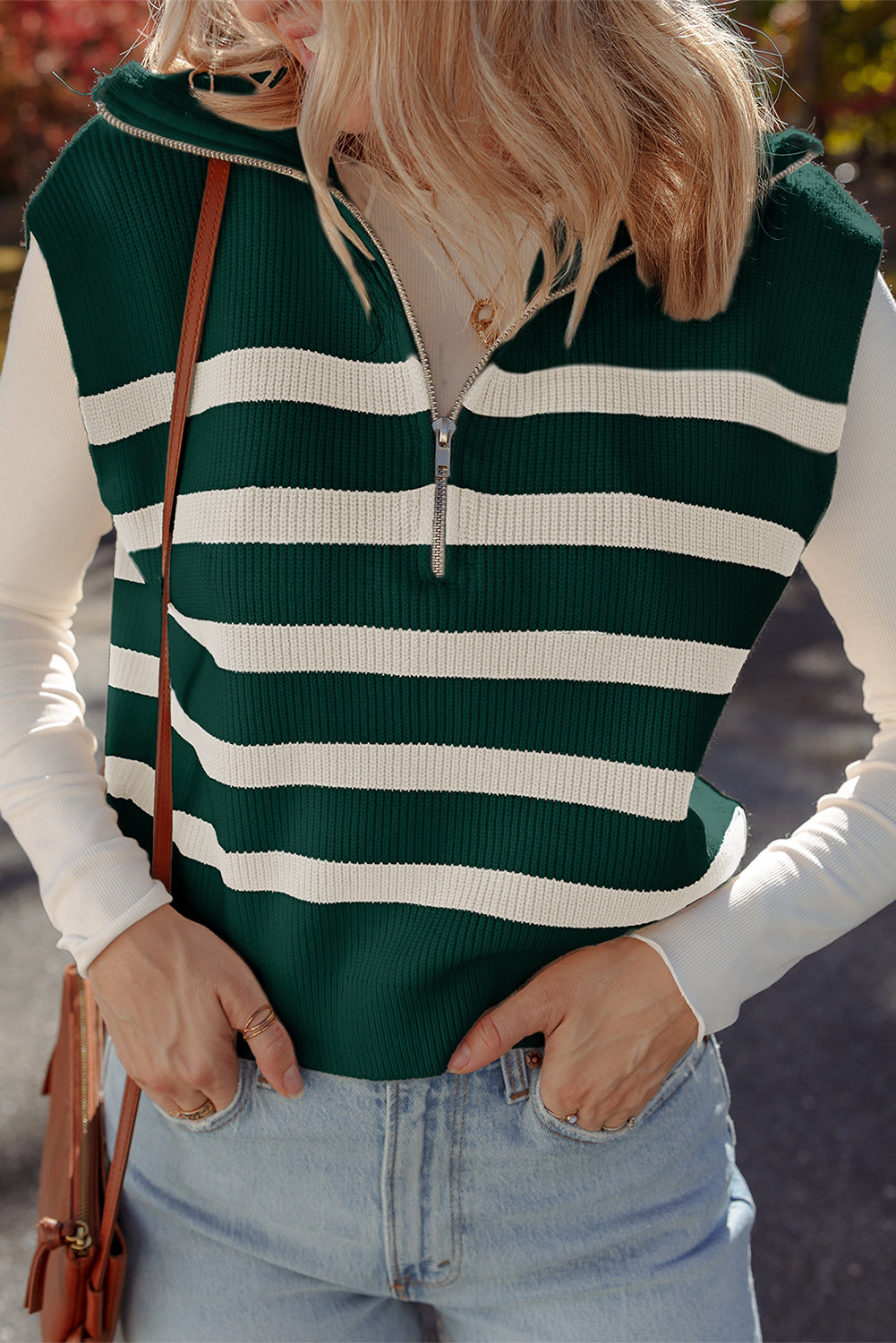 Blackish Green Ribbed Half Zip Collared Sweater Vest-Sweaters & Cardigans/Sweater Vests-[Adult]-[Female]-Blackish Green-S-2022 Online Blue Zone Planet