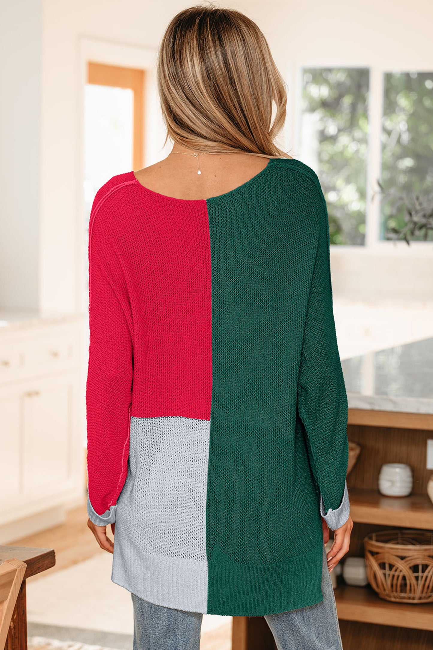 Evergreen Color Block Knit V Neck Loose Sweater-TOPS / DRESSES-[Adult]-[Female]-2022 Online Blue Zone Planet