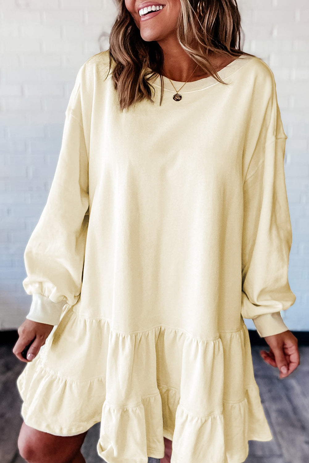Beige Double Tiered Ruffle Hem Long Sleeve Loose Mini Dress