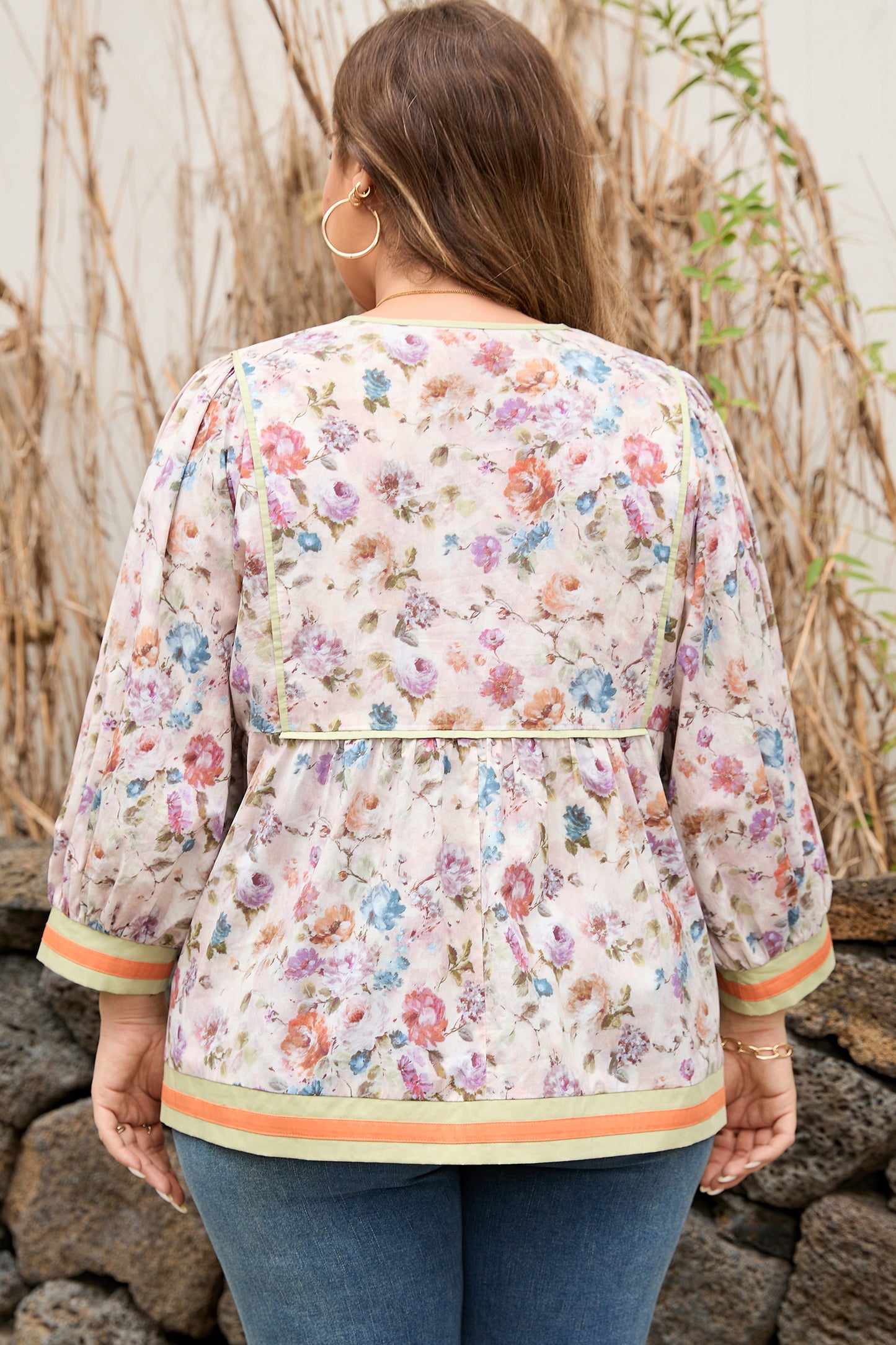 Black Plus Size Floral Print Contrast Trim Striped Detail Babydoll Blouse-Plus Size/Plus Size Tops/Plus Size Blouses & Shirts-[Adult]-[Female]-2022 Online Blue Zone Planet