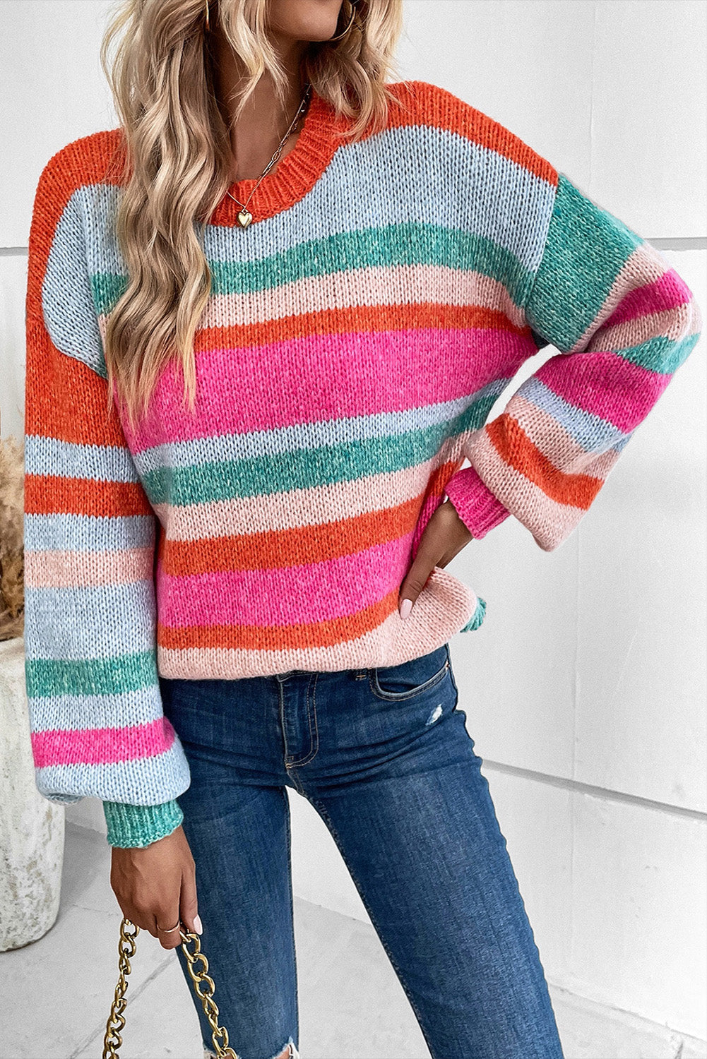 Multicolor Striped Knit Drop Shoulder Puff Sleeve Sweater-TOPS / DRESSES-[Adult]-[Female]-2022 Online Blue Zone Planet