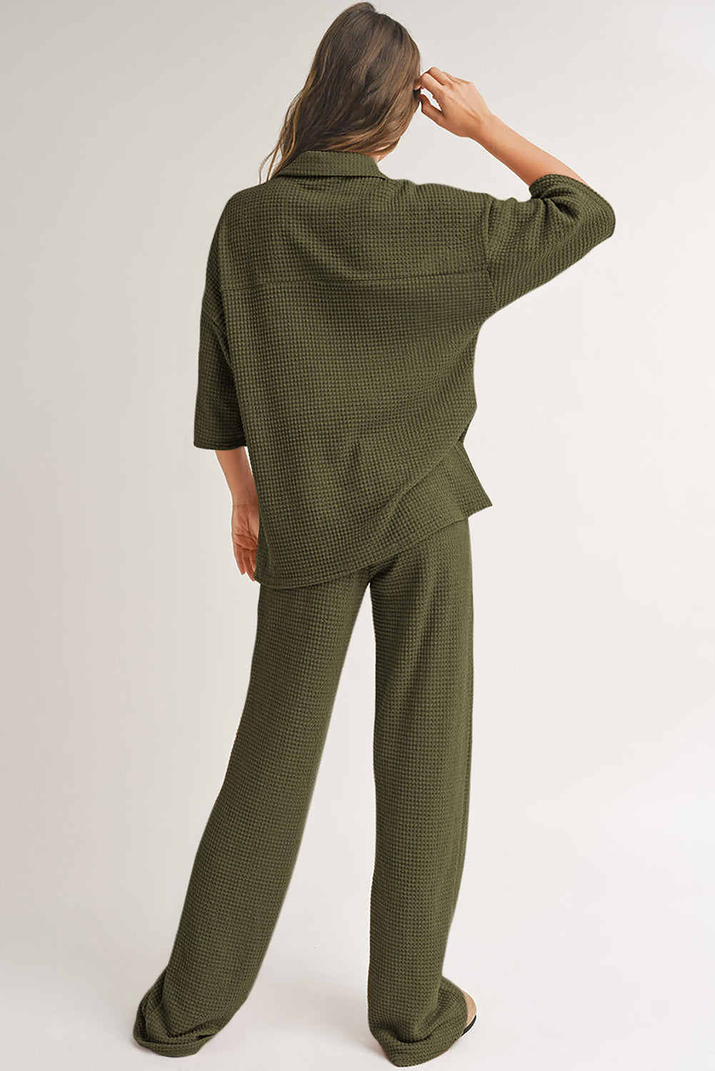 Four Leaf Clover Solid Color Textured Buttoned Shirt and Casual Pants Set-Two Piece Sets/Pant Sets-[Adult]-[Female]-2022 Online Blue Zone Planet