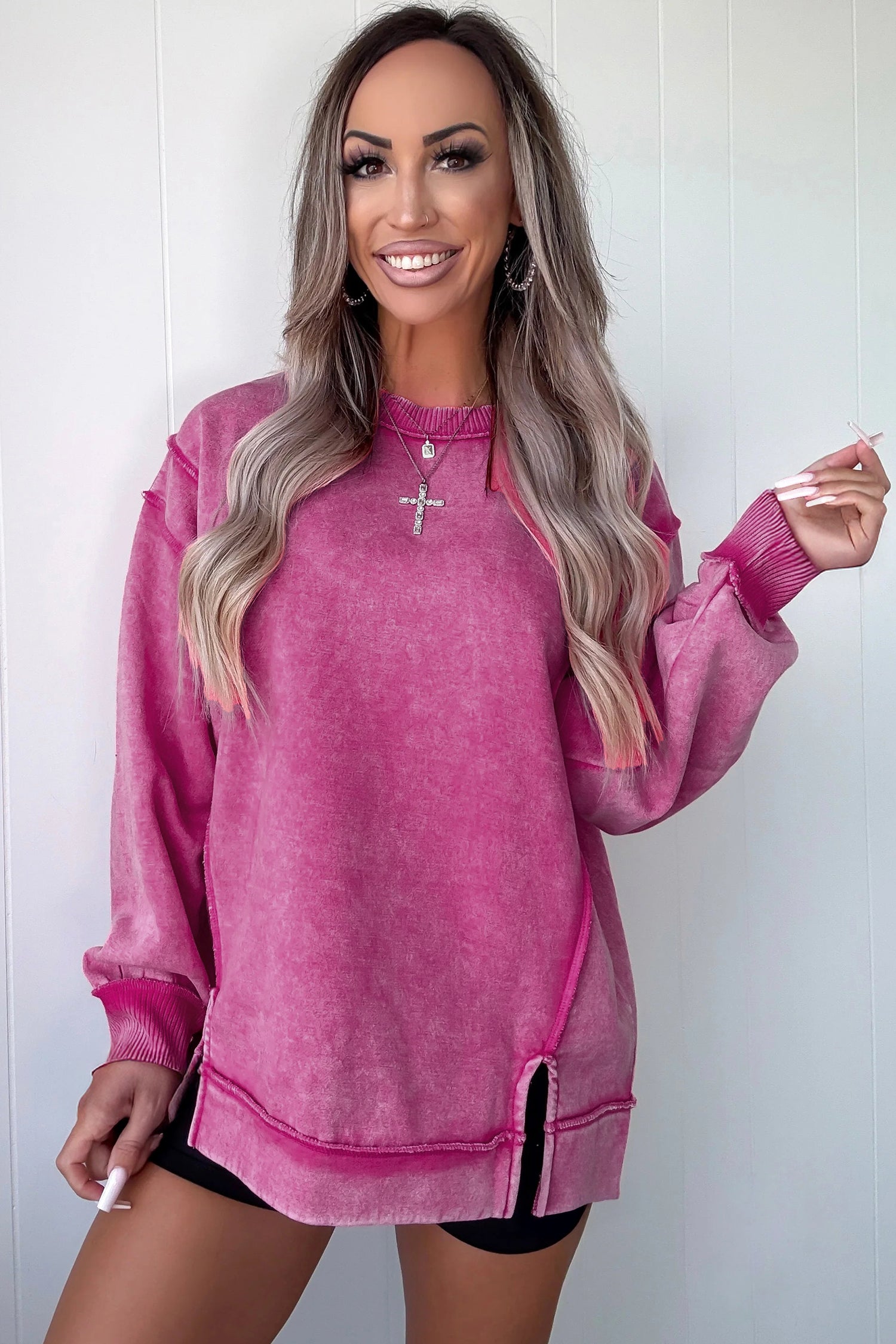 Rose Red Mineral Wash Exposed Seam Side Slit Sweatshirt-Tops/Sweatshirts & Hoodies-[Adult]-[Female]-2022 Online Blue Zone Planet