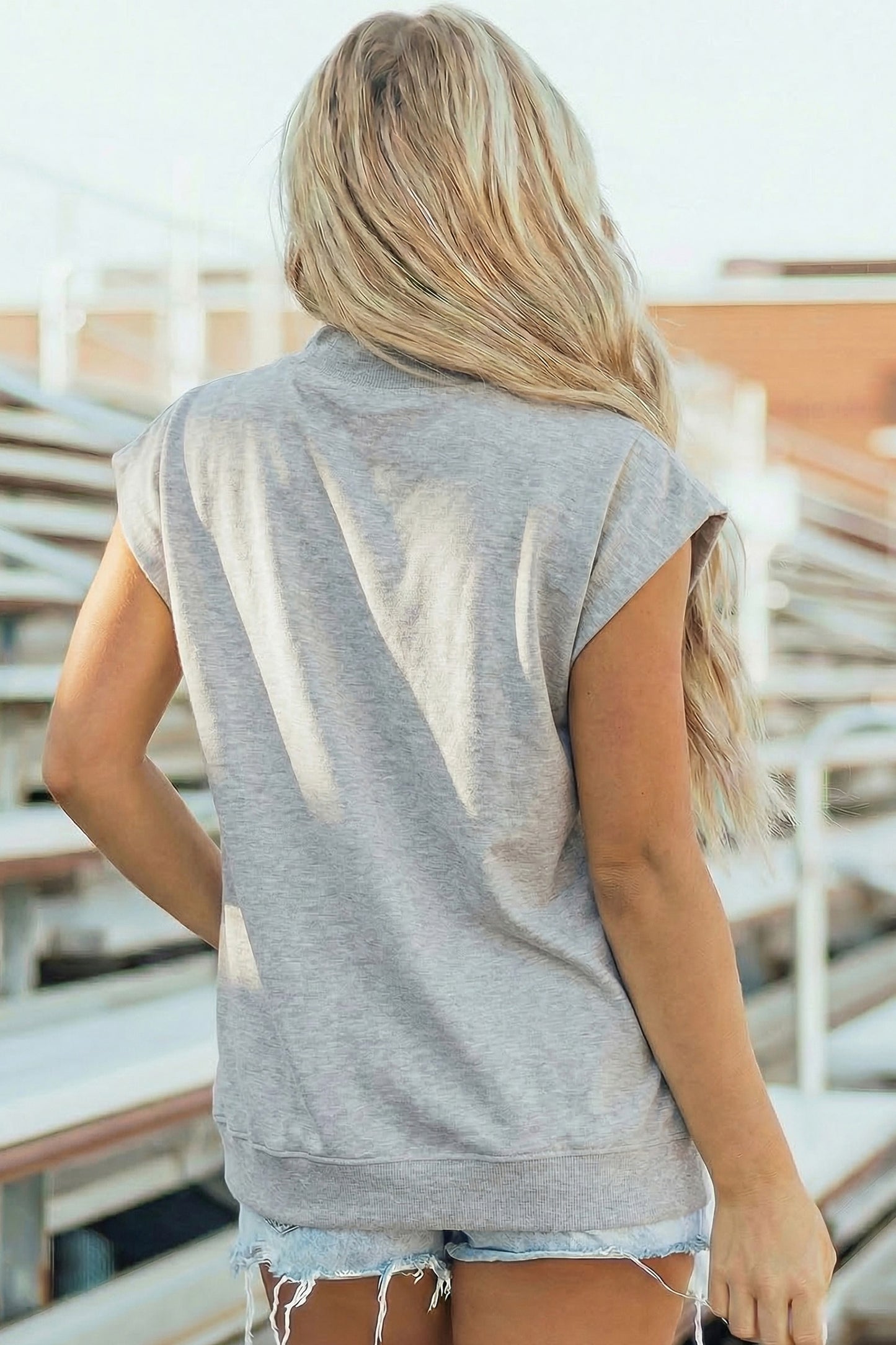 Light Grey Solid Color High Neck Cap Sleeve Loose Top-Tops/Tops & Tees-[Adult]-[Female]-2022 Online Blue Zone Planet