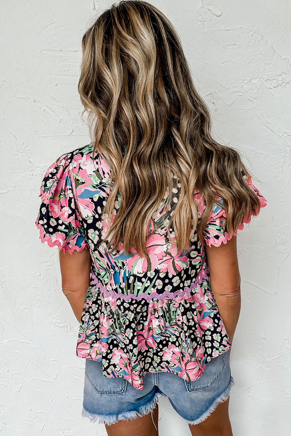 Pink Ricrac Floral Tiered Short Sleeve Blouse-Tops/Blouses & Shirts-[Adult]-[Female]-2022 Online Blue Zone Planet