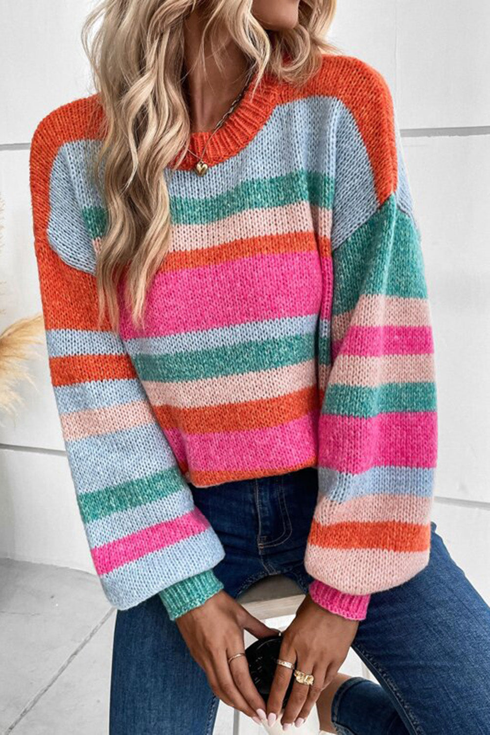 Multicolor Striped Knit Drop Shoulder Puff Sleeve Sweater-TOPS / DRESSES-[Adult]-[Female]-2022 Online Blue Zone Planet