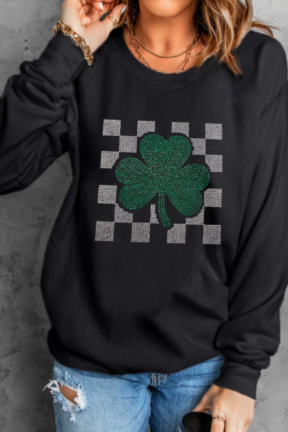 Rhinestone Checkered Lucky Clover Round Neck Sweatshirt-TOPS / DRESSES-[Adult]-[Female]-2022 Online Blue Zone Planet