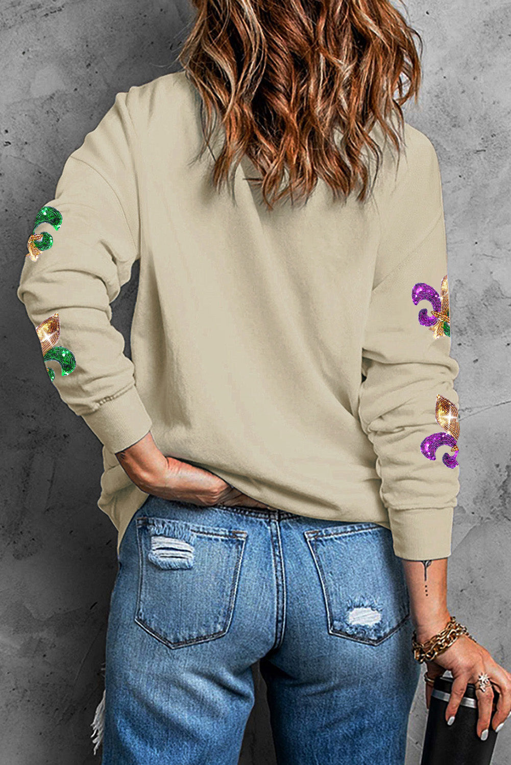 Khaki Sequin Mardi Gras Graphic Pullover Sweatshirt-Graphic/Graphic Sweatshirts-[Adult]-[Female]-2022 Online Blue Zone Planet
