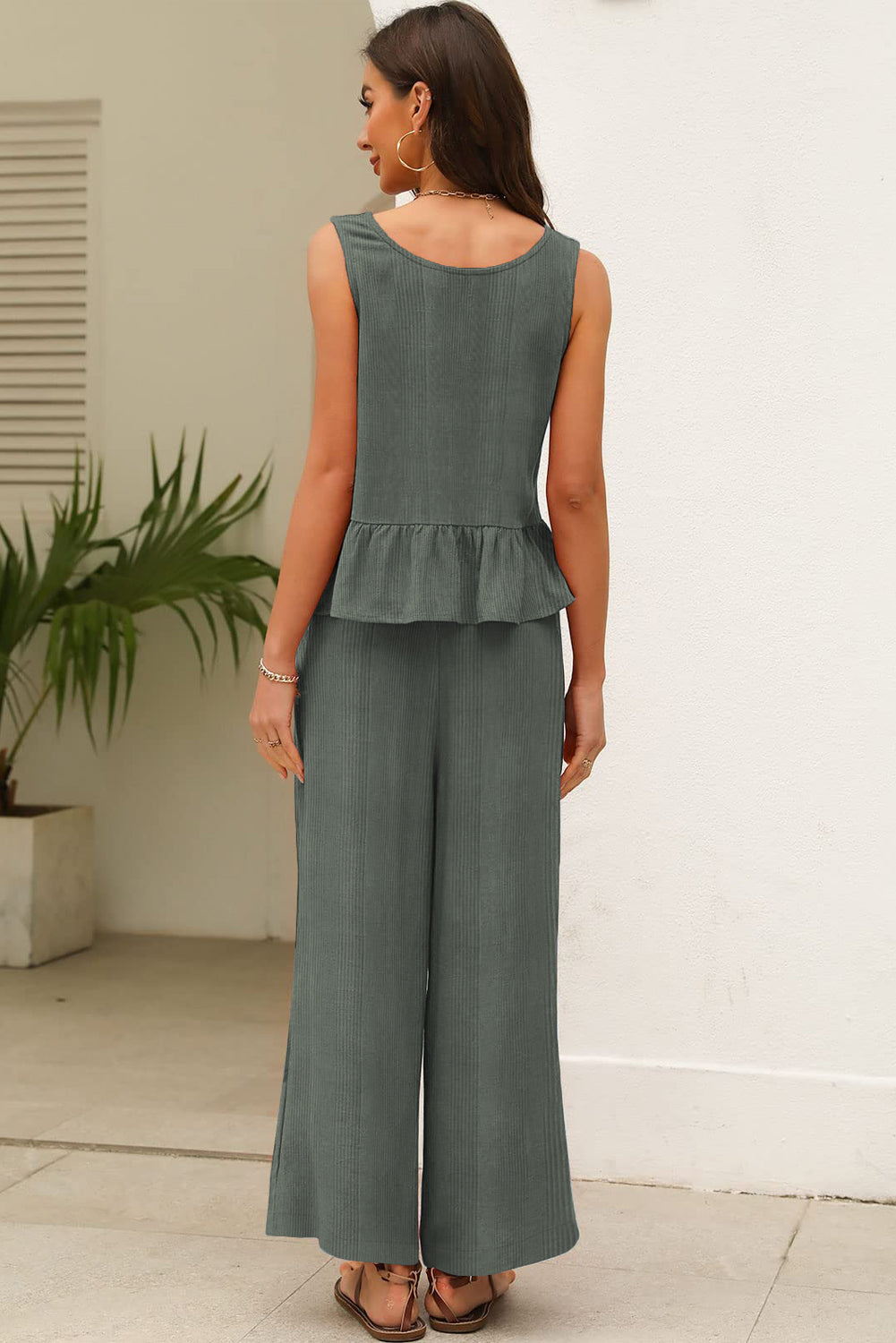 Duffel Green Solid Color Ribbed Ruffle Tank Top and Pants Set-Two Piece Sets/Pant Sets-[Adult]-[Female]-2022 Online Blue Zone Planet