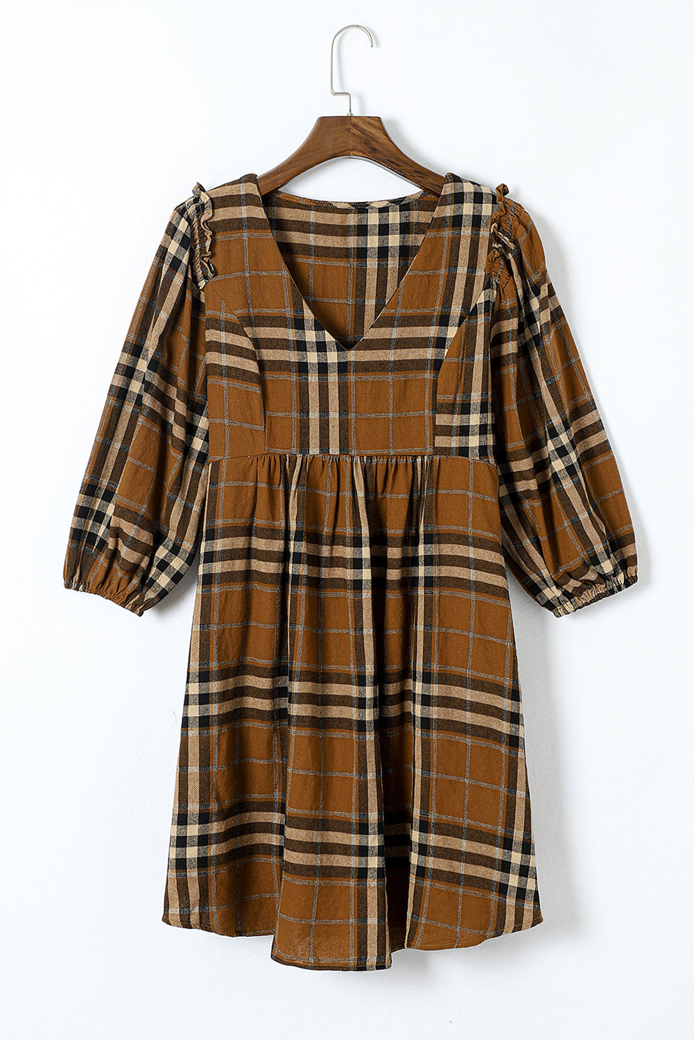 Blue Zone Planet | Brown Plaid Pattern Empire Waist Babydoll Dress-TOPS / DRESSES-[Adult]-[Female]-2022 Online Blue Zone Planet