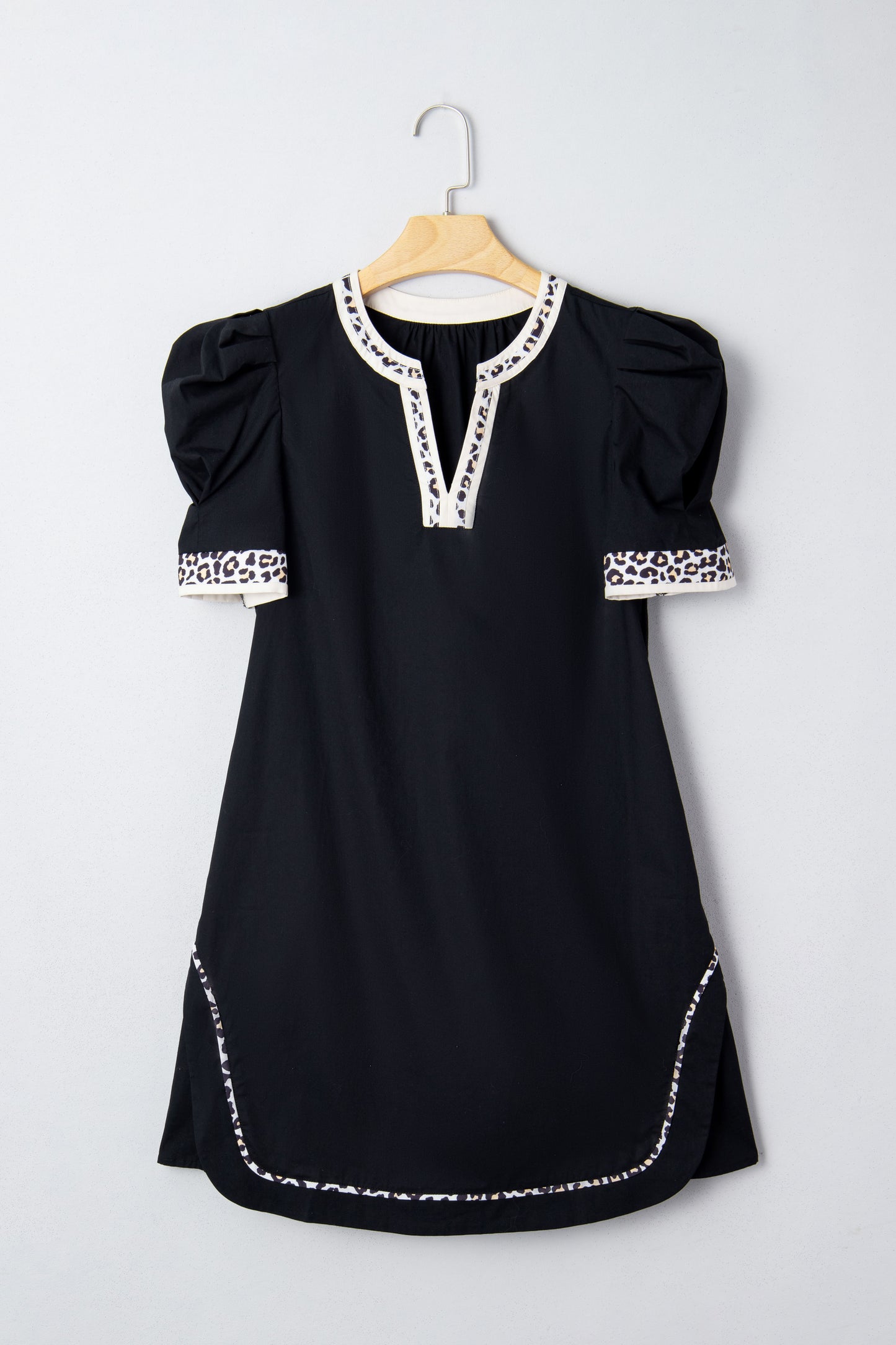 Black Leopard Trim Notched Neck Short Puff Sleeve Shift Mini Dress