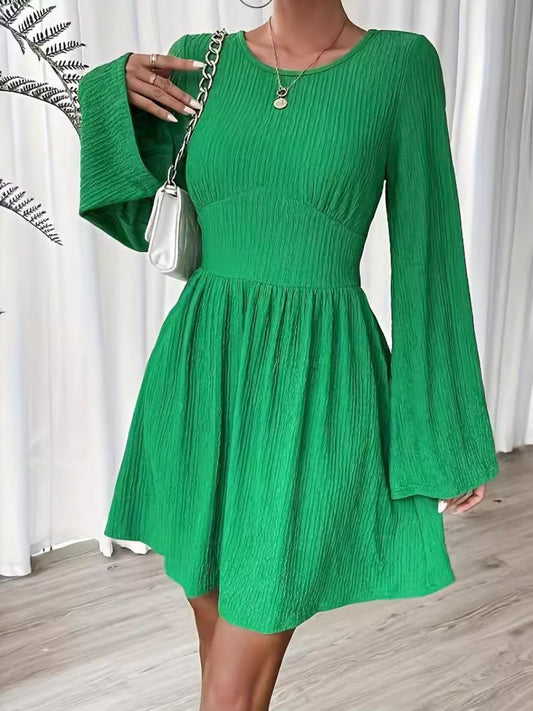 Round Neck Flare Sleeve Mini Dress-TOPS / DRESSES-[Adult]-[Female]-Green-S-2022 Online Blue Zone Planet